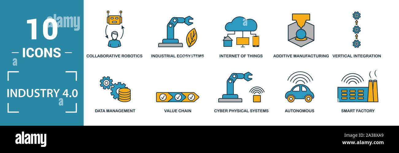 L'industria 4.0 icon set. Includere elementi creativi di automazione della gestione dei dati di business intelligence integrazione orizzontale, modello osi icone. Può essere Illustrazione Vettoriale
