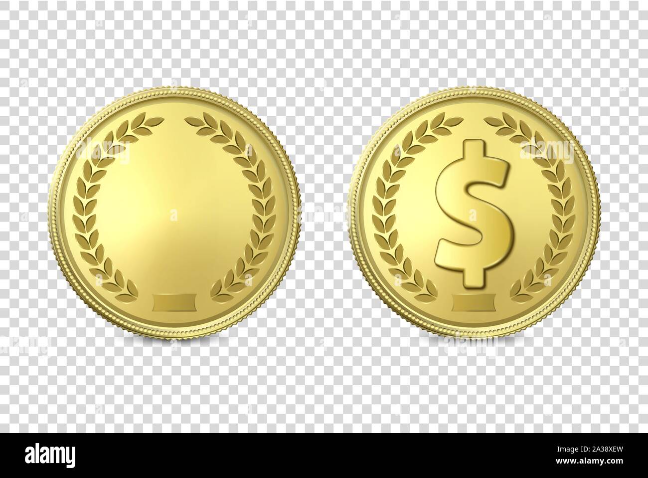 Vettore 3D realistici in metallo dorato Coin icona impostare, fustellato e con il simbolo del dollaro, Closeup isolato su sfondo trasparente. Modello di progetto, clipart di Illustrazione Vettoriale