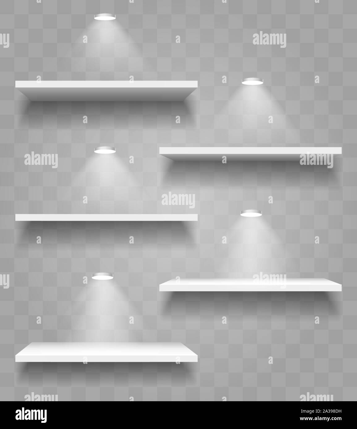 Set di ripiani realistico con ombre e luci spot. Ripiani isolati su sfondo trasparente. Illustrazione Vettoriale. Illustrazione Vettoriale