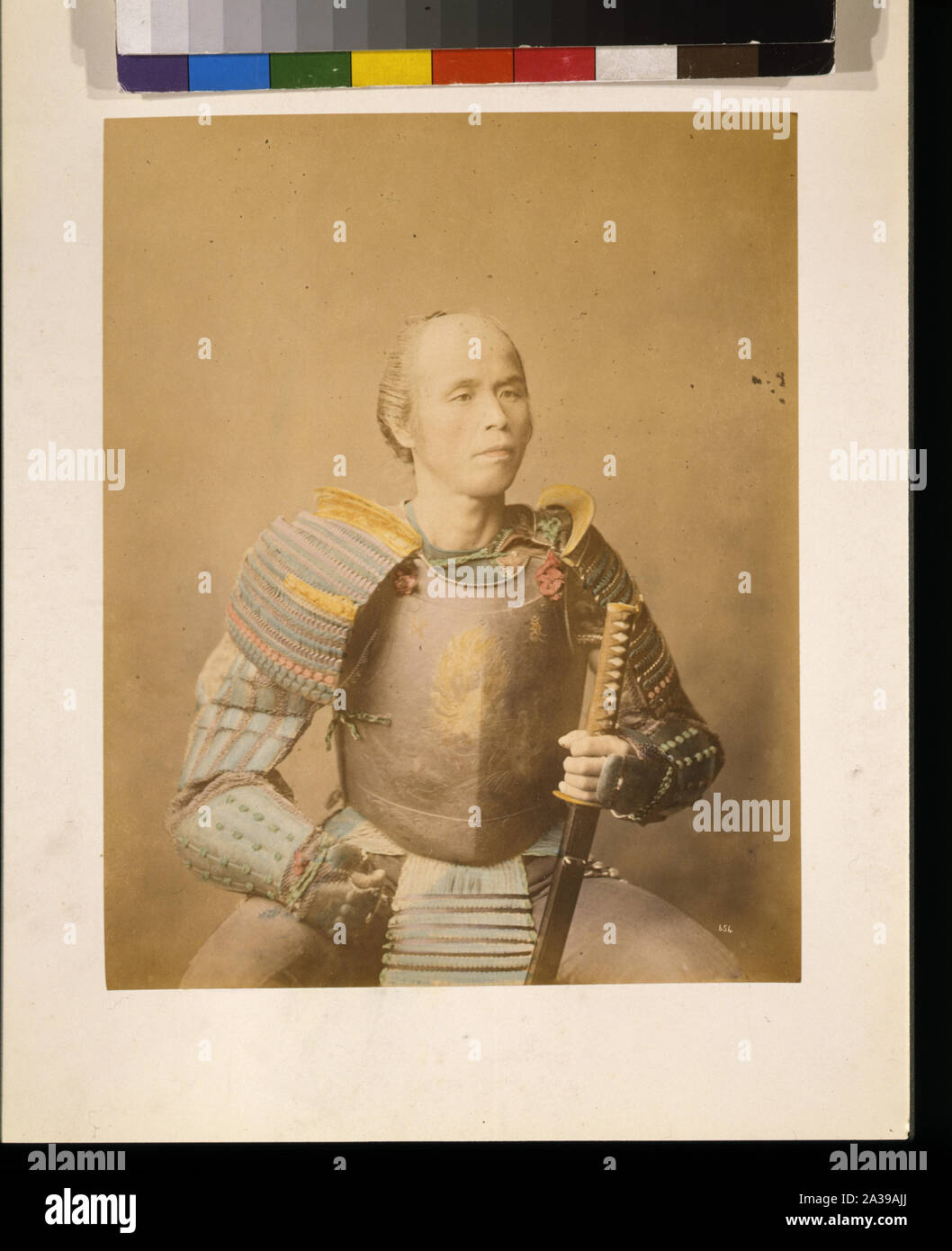 Samurai Warrior, mezza lunghezza ritratto in studio, rivolto verso la parte anteriore, indossa armatura e tenendo una spada Foto Stock