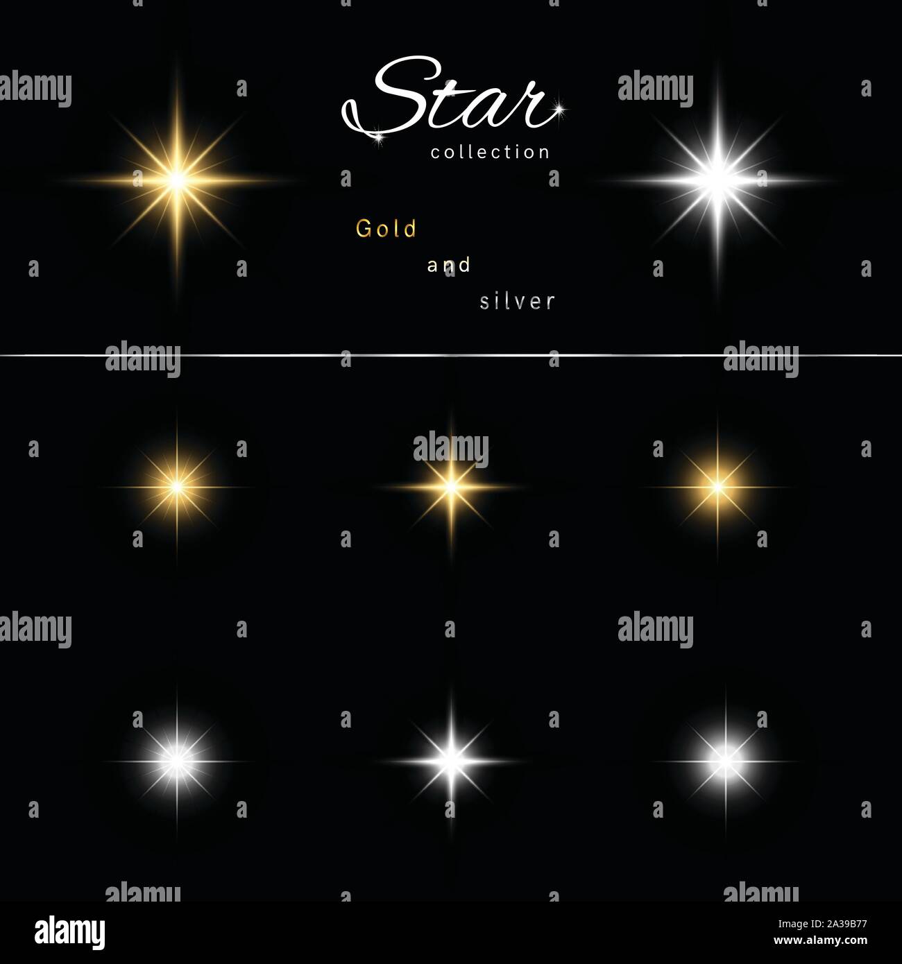 Star collection in oro e argento in stile. Illustrazione Vettoriale