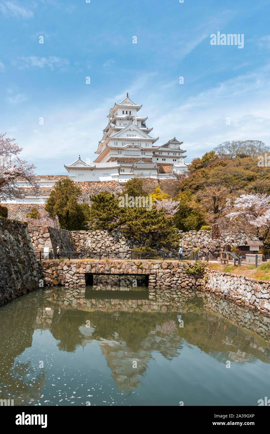 La riflessione di acqua nel fossato del castello di Himeji, Himeji-jo, Shirasagijo o airone bianco, il castello di Himeji, Prefettura di Hyogo, Giappone Foto Stock