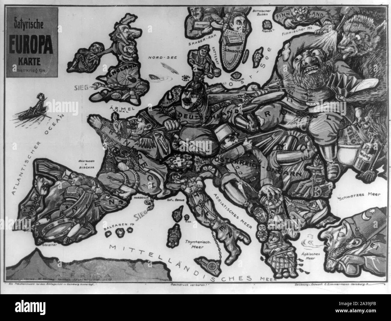 Satyrische Europa Karte Weltkrieg 1914 / Zeichnung v. Entwurf, E. ZIMMERMANN, Amburgo, 6. Foto Stock