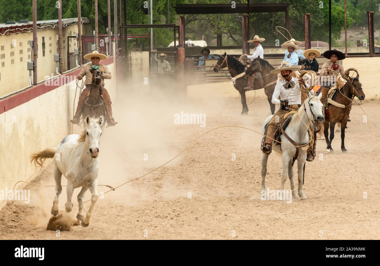 Scena da una charreria (equitazione), talvolta chiamato un messicano rodeo, in corrispondenza di un giorno nel vecchio Messico, uno dei numerosi eventi a monthlong Fiesta la celebrazione in San Antonio, Texas Foto Stock