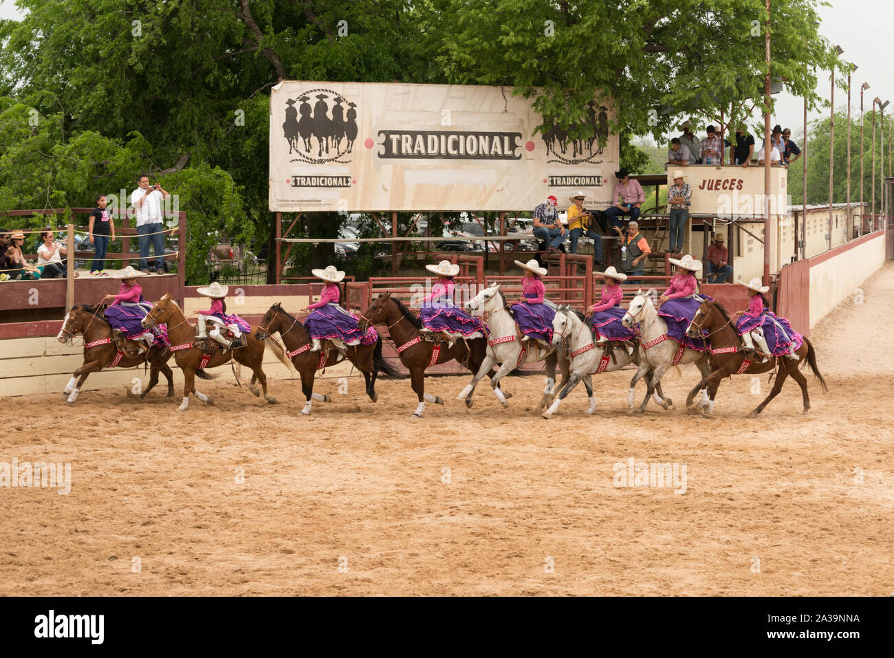 Scena di uno stile Messicano rodeo, o la charreria (equitazione), in corrispondenza di un giorno nel vecchio Messico, parte dell'annuale, monthlong Fiesta la celebrazione in San Antonio, Texas Foto Stock