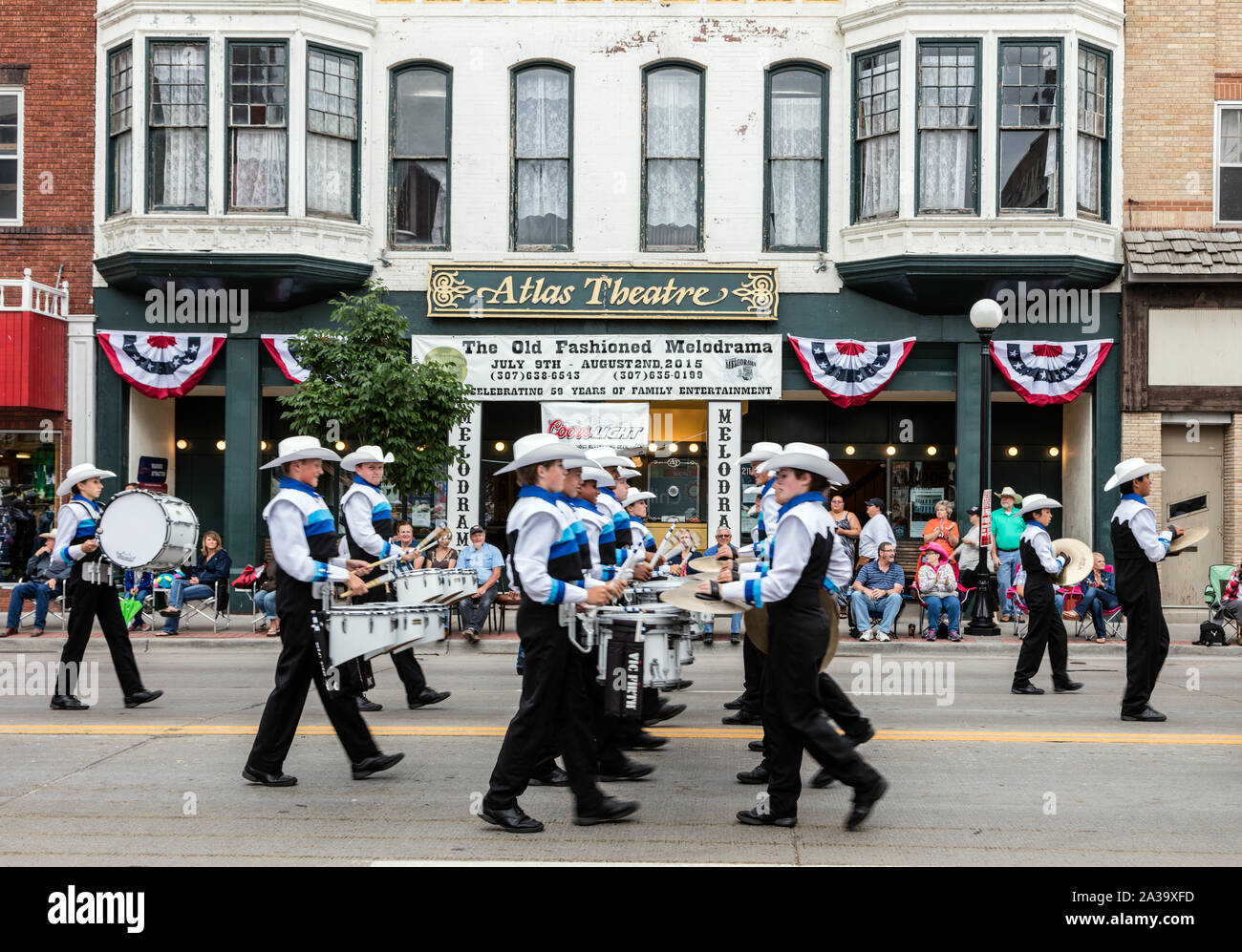Scena da parata nel centro cittadino di Cheyenne Wyoming, che fa parte di Cheyenne Frontier Days western celebrazione e rodeo, si tiene ogni anno nella capitale del Wyoming sin dal 1897 Foto Stock