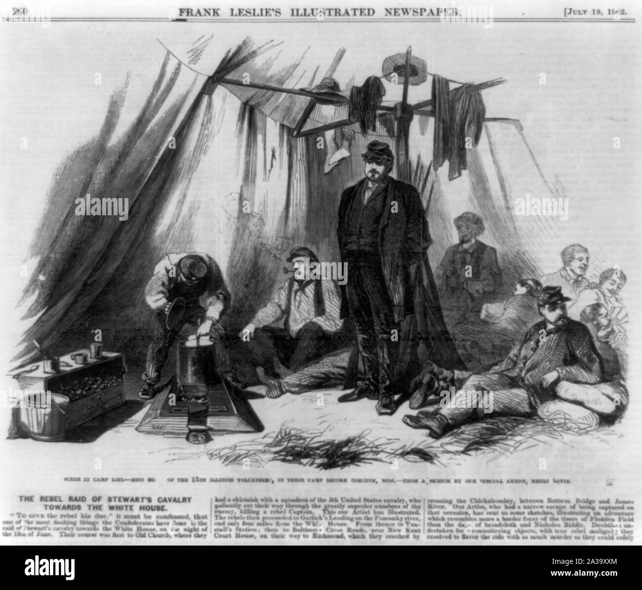 In scena a camp vita -- pasticcio no. del XIII Illinois volontari, nel loro accampamento prima di Corinto, Miss. / Da uno schizzo del nostro artista in particolare Henri Lovie. Foto Stock