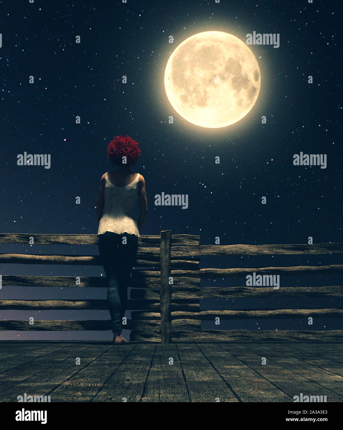 Solo sotto il chiaro di luna,ragazza in piedi da solo sul ponte di legno di notte guardando al moon,3d illustrazione Foto Stock