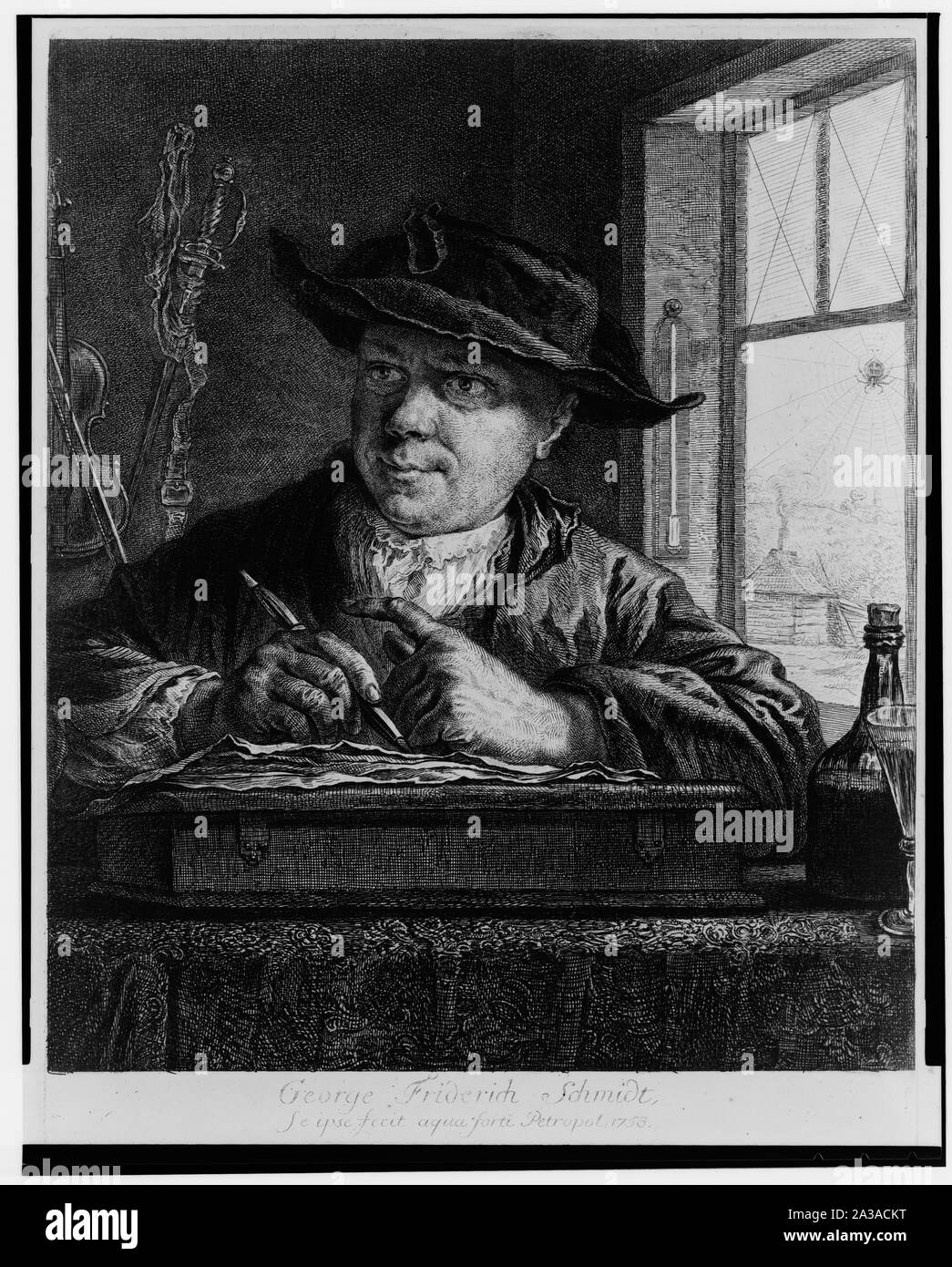 Self-portrait dell'artista disegno da una finestra] / se ipse fecit aqua forti Petropol, 1758 Foto Stock