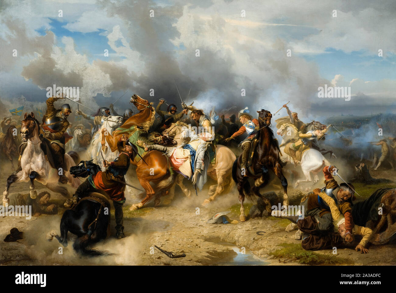 La morte di Gustavo Adolfo di Svezia nella battaglia di Lutzen. Dipinto di Carl Wahlbom, circa 1855 Foto Stock