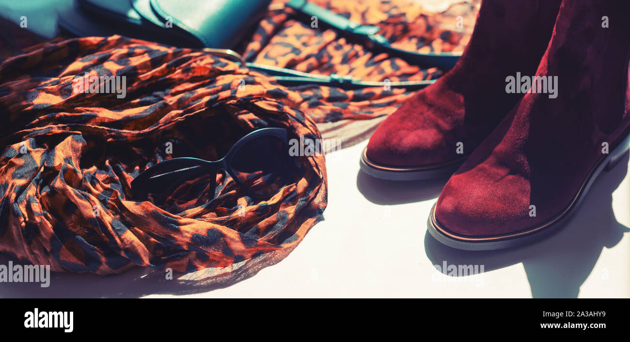 Banner donne luce accessori sciarpa leopard chelsea stampa stivali in borsa. Tonificanti Foto Stock