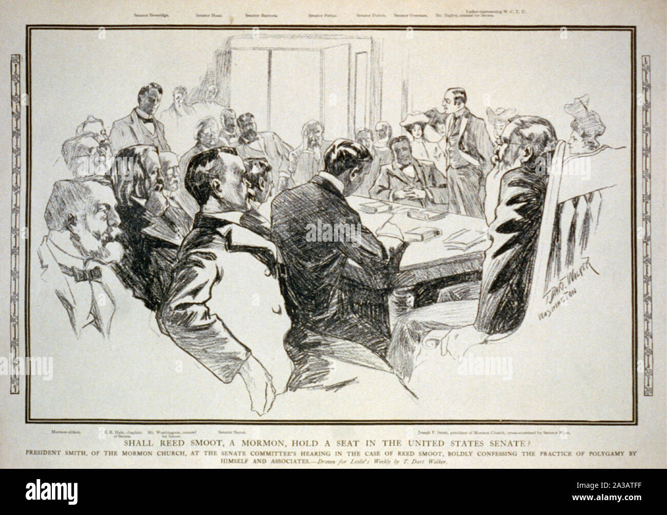 È Reed Smoot, un Mormone, tenere una sede negli Stati Uniti del Presidente del Senato Smith, della Chiesa Mormone, come il comitato del Senato udito nel caso di Reed Smoot, arditamente confessare la pratica della poligamia da se stesso e associati Foto Stock
