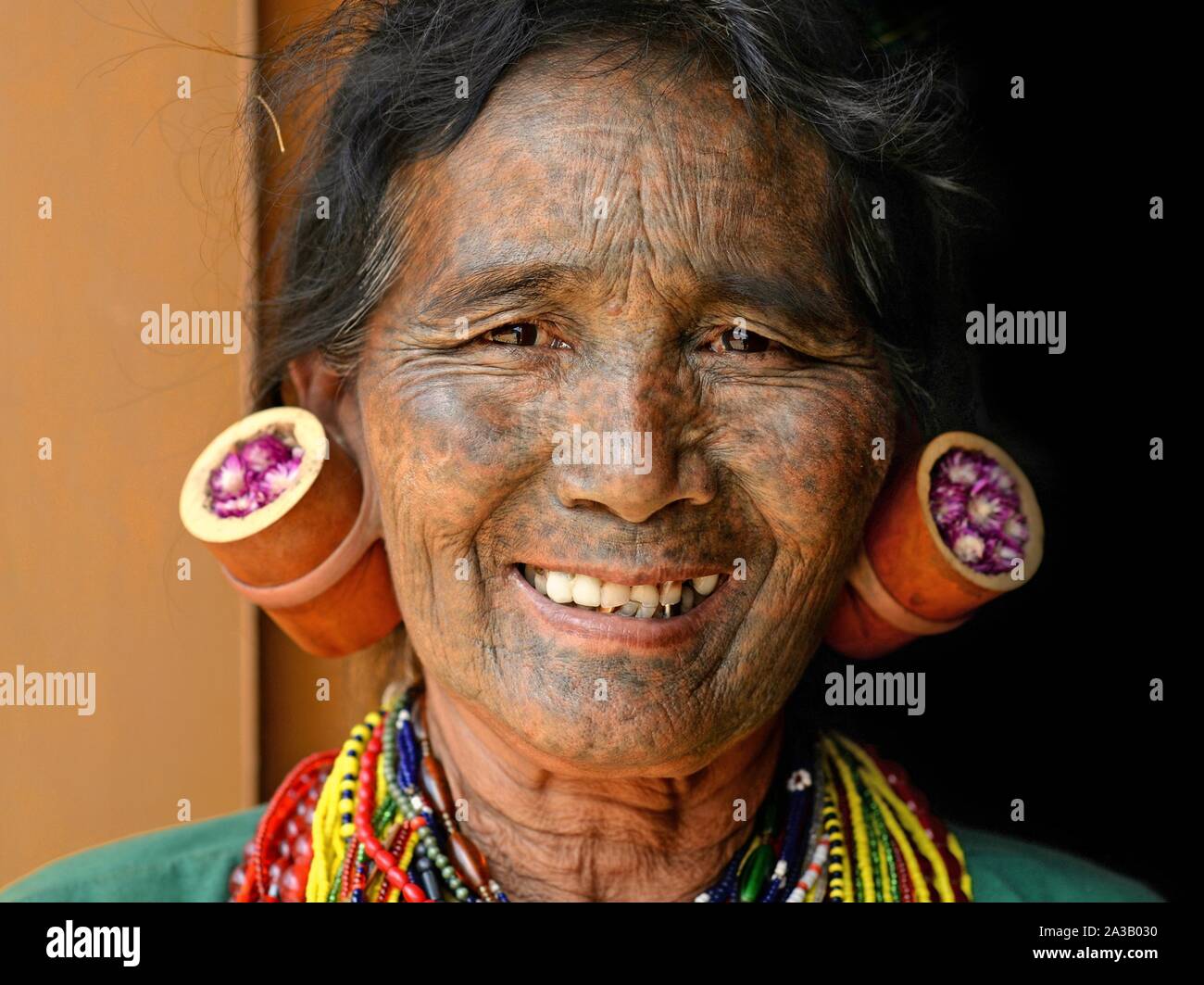 Vecchio mento Kaang donna tribale con tratteggiata tatuaggi facciali e tradizionali tappi di lobo nel suo orecchioni allungato sorrisi per la fotocamera. Foto Stock