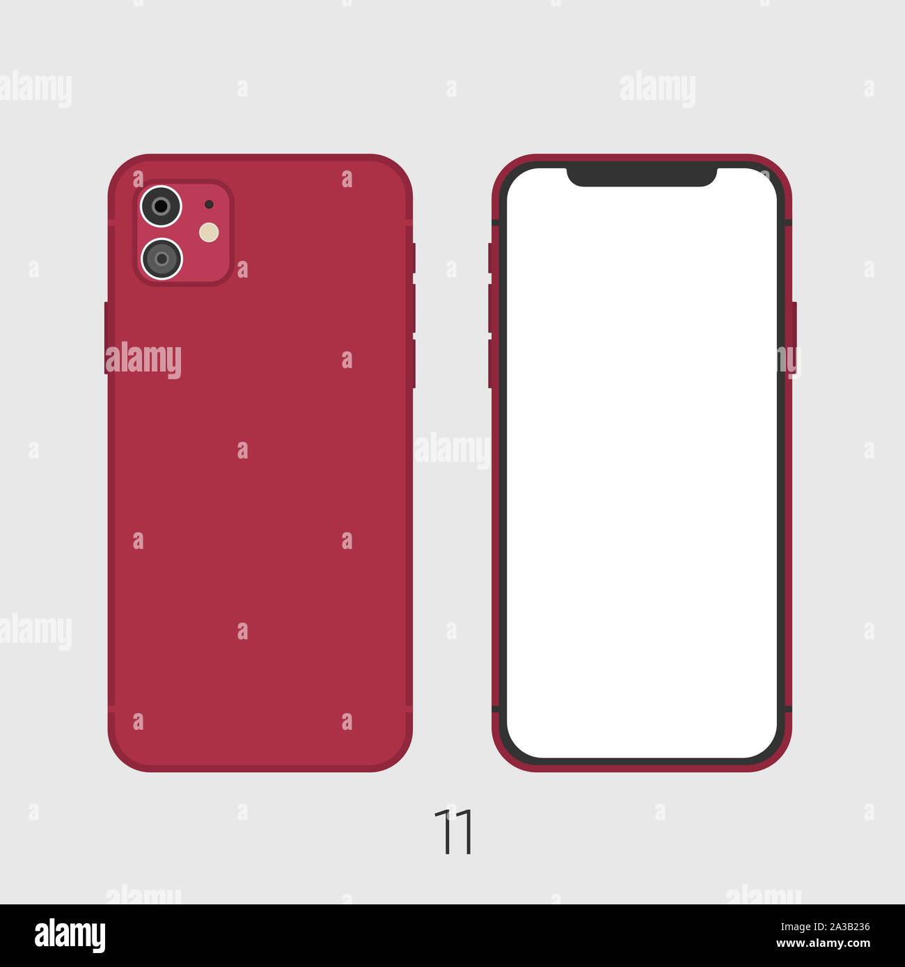 Rilasciate di recente Smartphone rosso 11, frond e retro isolato in grigio. Illustrazione Vettoriale