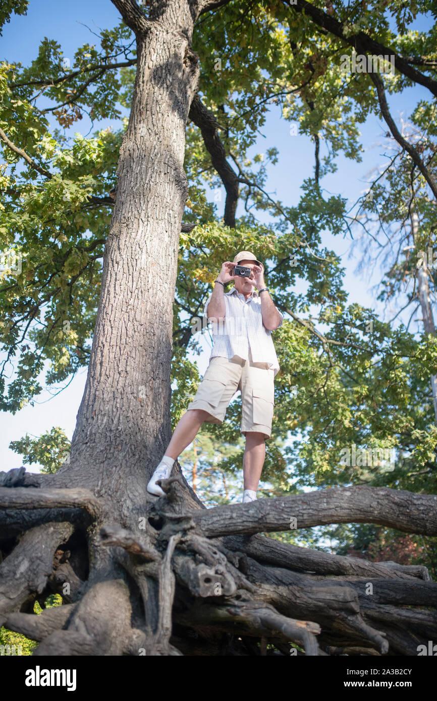 Uomo che indossa pantaloncini permanente sulla grande albero e prendendo la foto della foresta Foto Stock