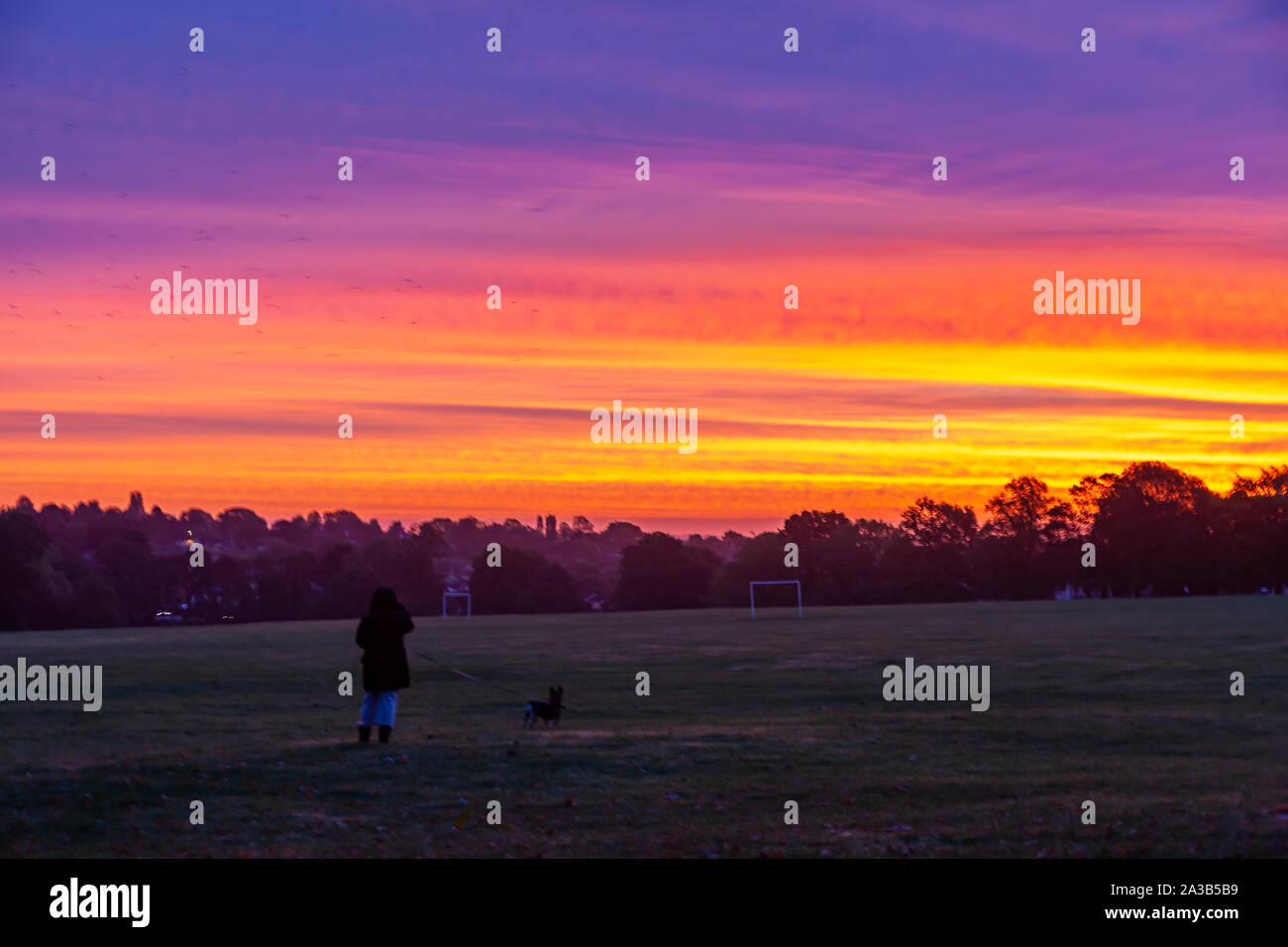 Northampton, Regno Unito. Il 6 ottobre 2019. Regno Unito Meteo. Spettacolare pre colorato alba cielo sopra Abington Park questa mattina Credito: Keith J Smith./Alamy Live News Foto Stock