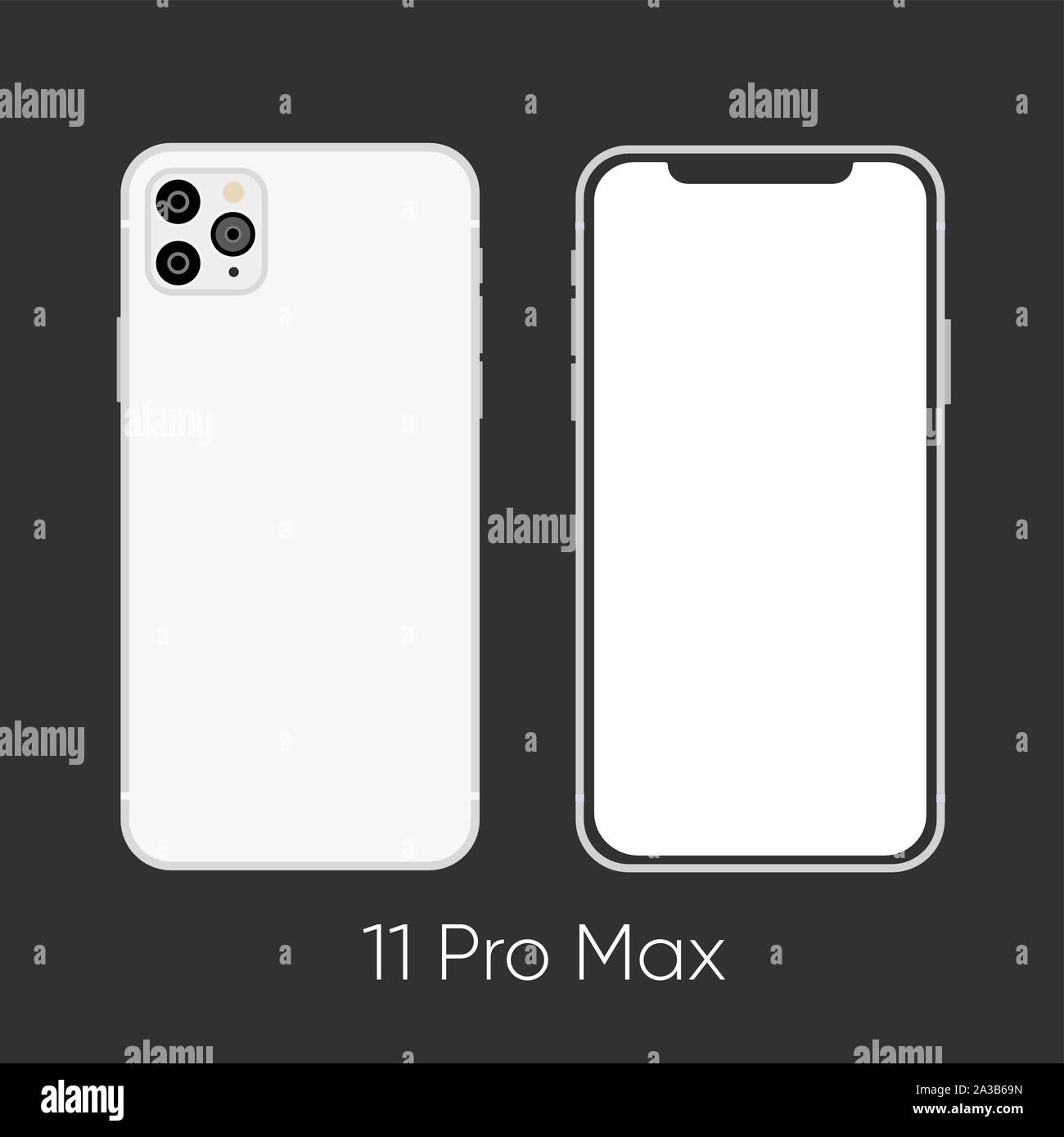 Rilasciate di recente Smartphone bianco 11 Pro, frond e retro isolato in grigio. Illustrazione Vettoriale