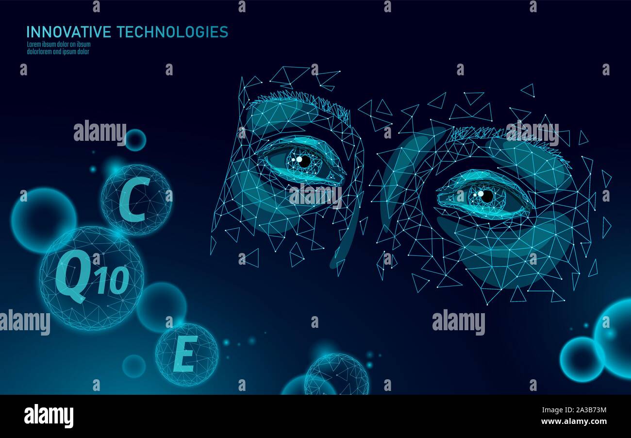 Complesso sano di vitamina della pelle crema bassa dell'occhio del poli. Supplemento salute faccia femminile anti-invecchiamento cosmetici lifting modello banner. COENZIMA 3D Q10, C, E. Illustrazione Vettoriale