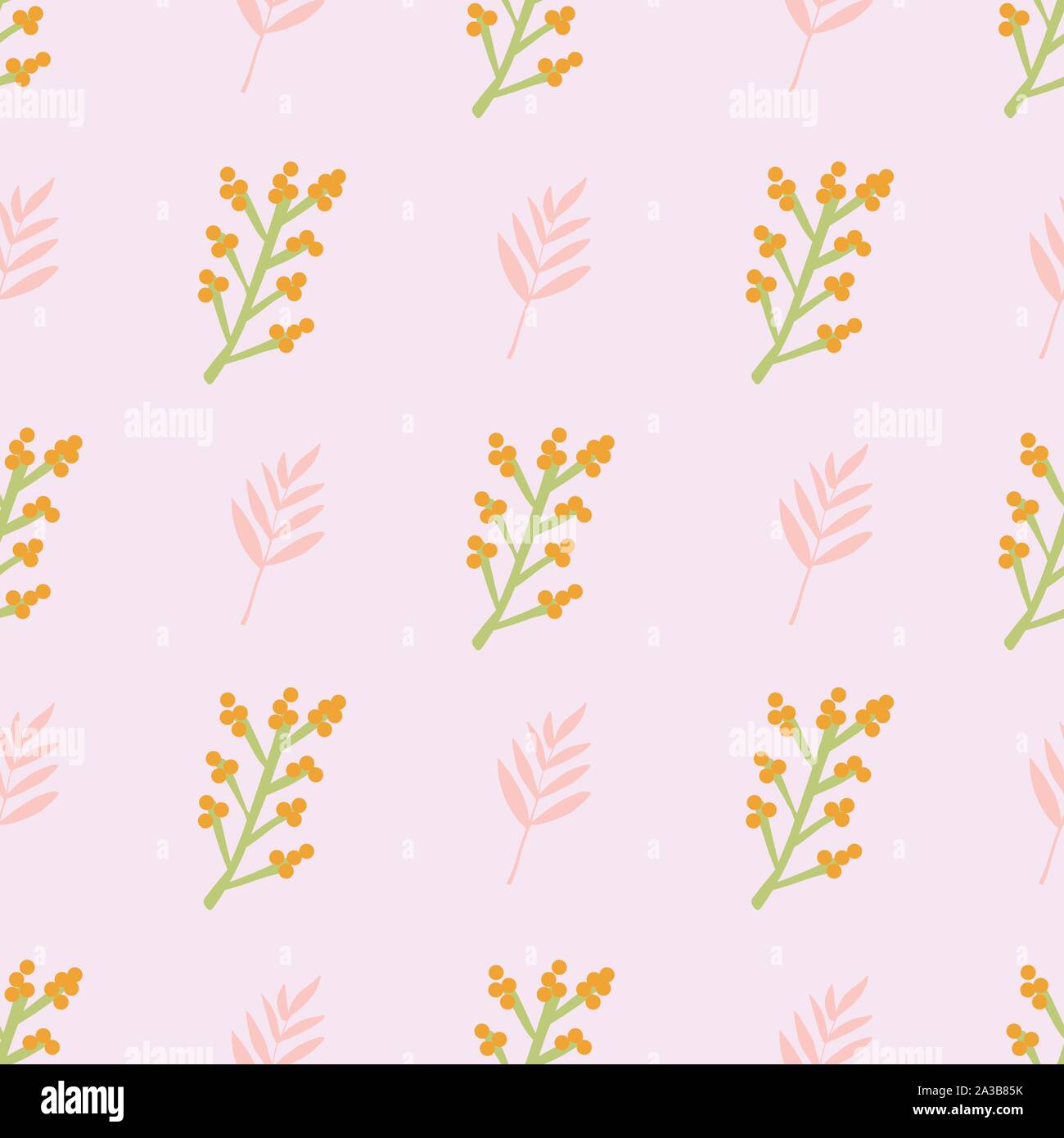 Piano di bacca di foglia natura perfetta ripetizione disegno vettoriale. Foglie Pinnate sfondo rosa corallo arancione verde. Delicato sottile floral background botanico Illustrazione Vettoriale