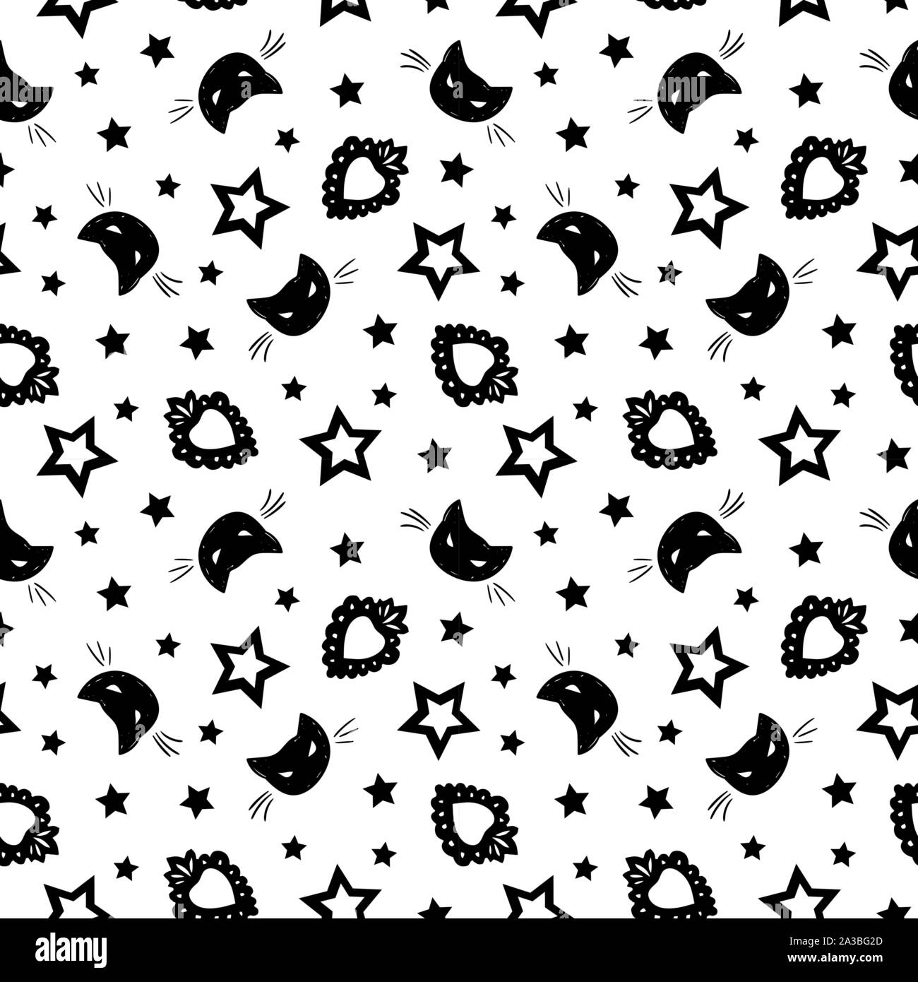 Vettore senza soluzione di continuità il giorno dei morti gatto nero pattern con disegnati a mano cuore ardente, spooky cat e stella. Divertente e felice di design per la vostra festa perfetta. Illustrazione Vettoriale