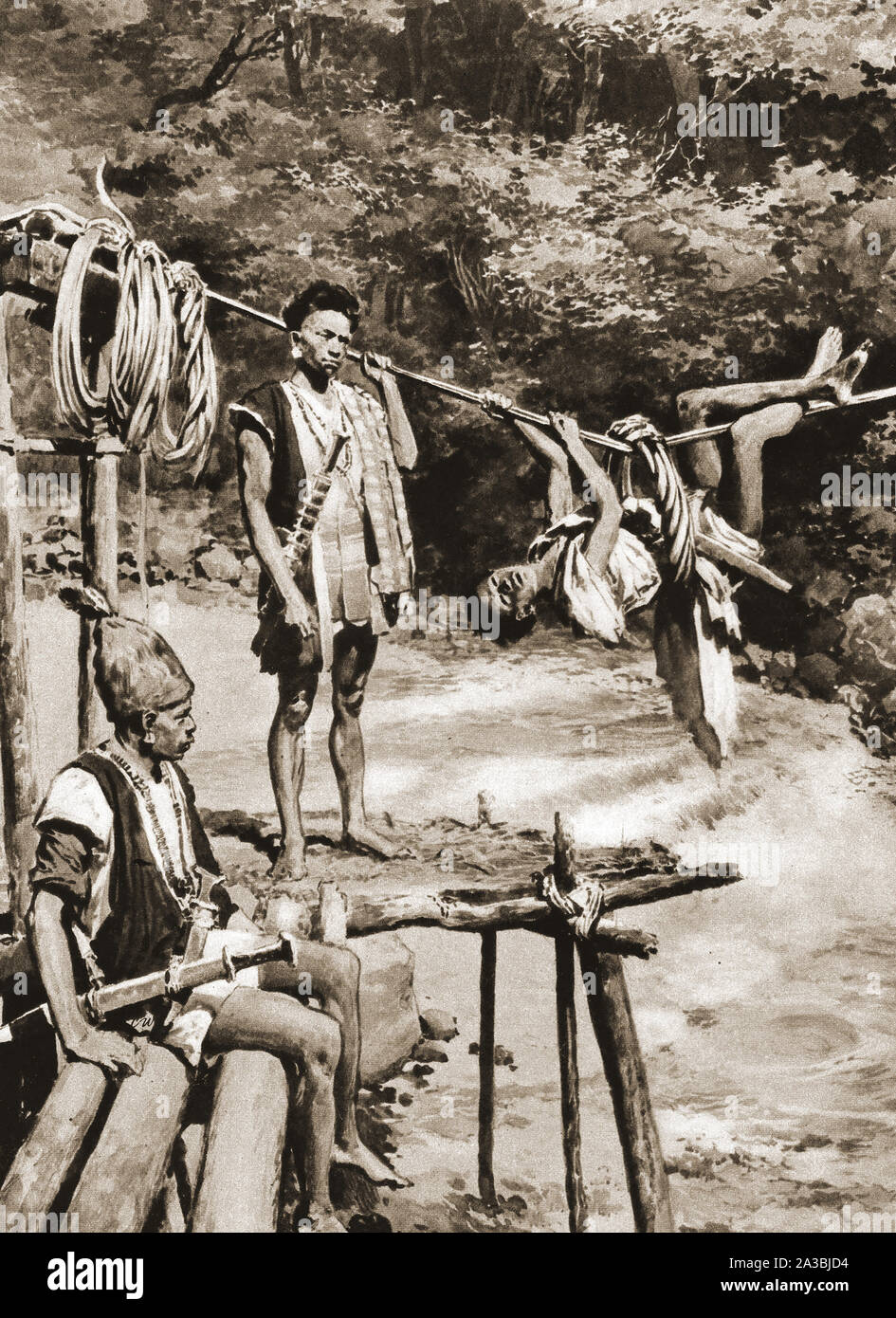 Un inizio di illustrazione di un anello ponte utilizzato da Abor (Arunachal Pradesh) tribù per attraversare fiumi nel nord-est dell India, consisteva di una fune permanente connessione attraverso un fiume o il burrone con un tessuto in corda o anello di vite utilizzato per trattenere l'occupante come lui o lei ha tirato stessi lungo. Foto Stock