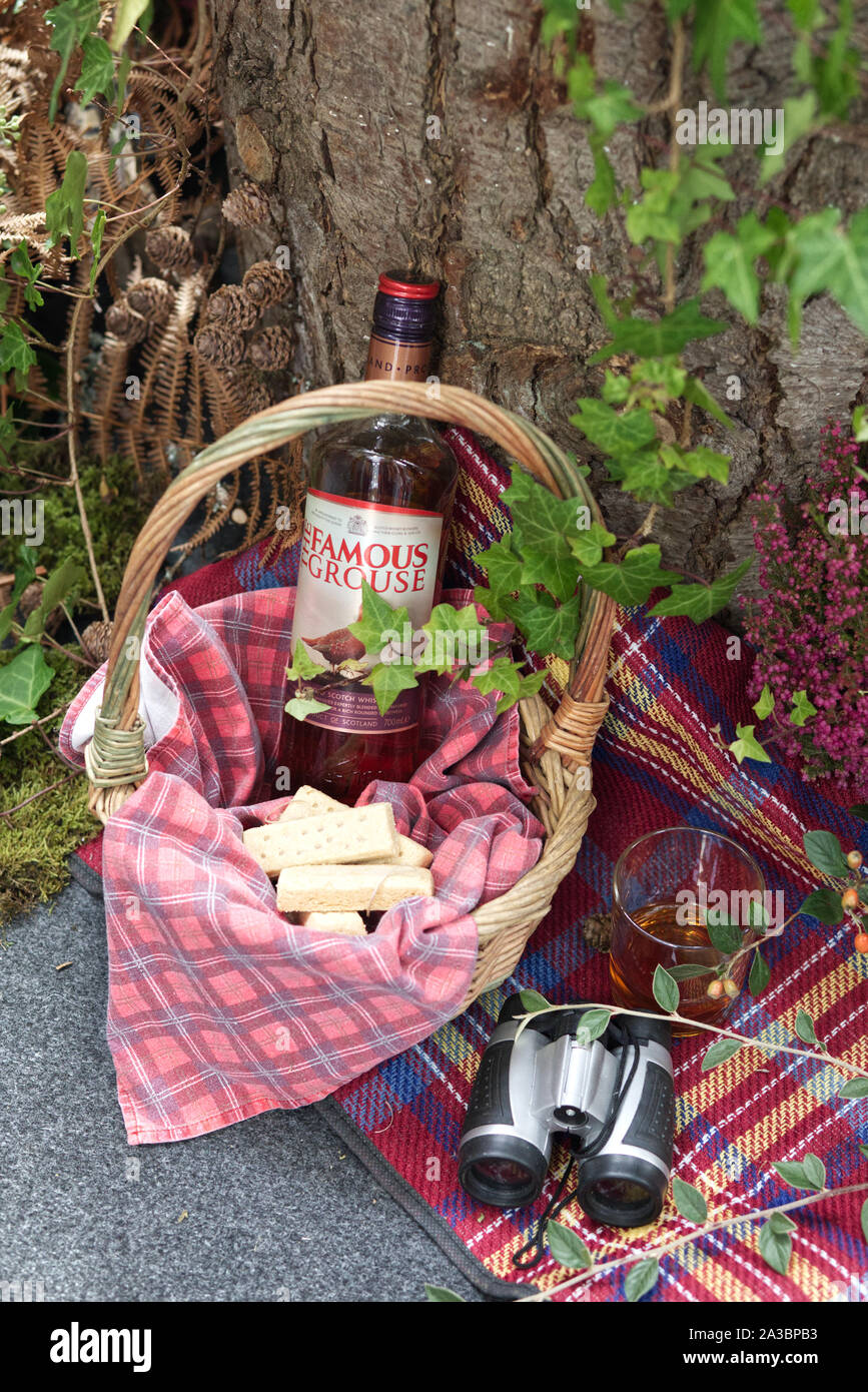 Cesto per pic-nic con grouse whisky, frollini su un tartan Coperta picnic e un paio di binocoli Foto Stock