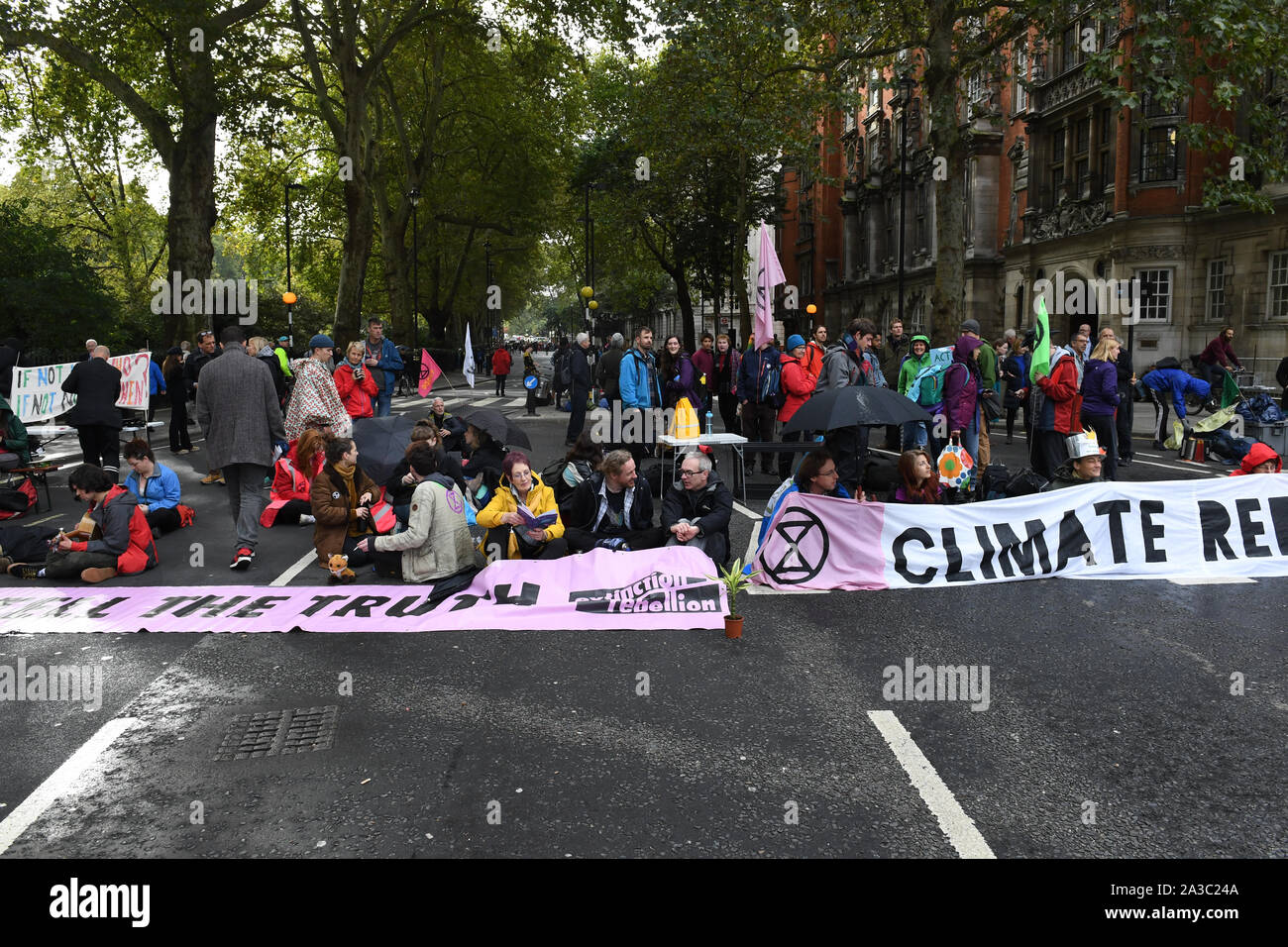 I manifestanti si trovano nella strada durante una ribellione di estinzione protesta in Millbank, London. Foto Stock