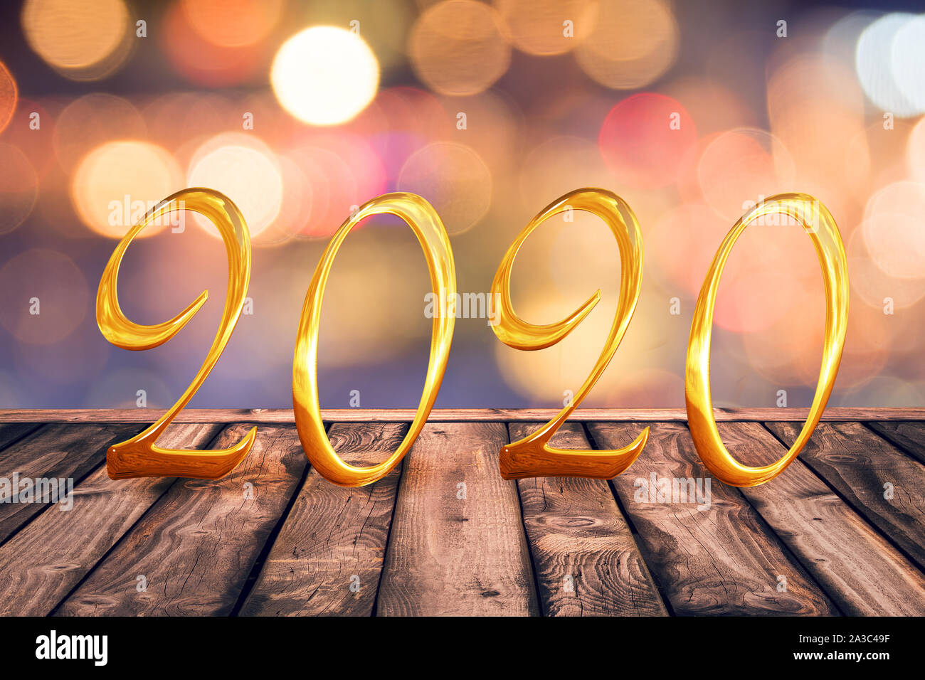 Golden 2020 su legno tavolo con luci sfocate sfondo, anno nuovo messaggio di saluto festivo card Foto Stock