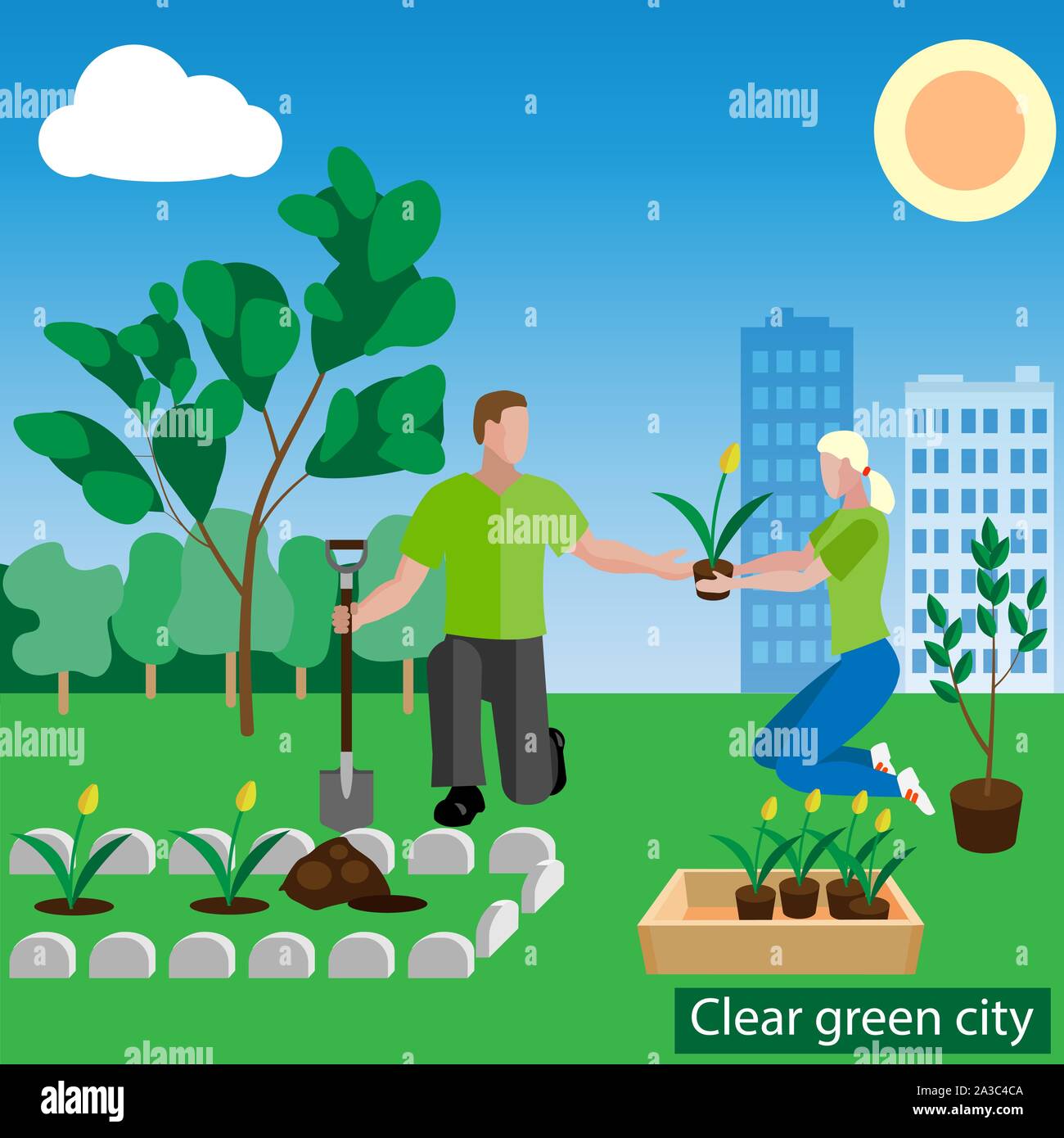 I volontari di fiori di piante e alberi - piatto illustrazione vettoriale Illustrazione Vettoriale