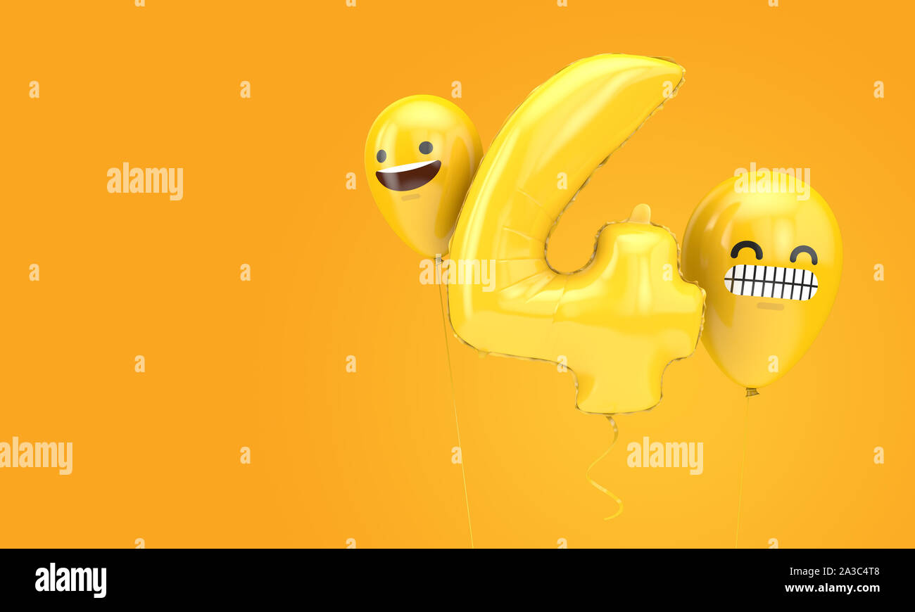 Numero 4 compleanno ballloon con facce emoji palloncini. 3D Render Foto Stock