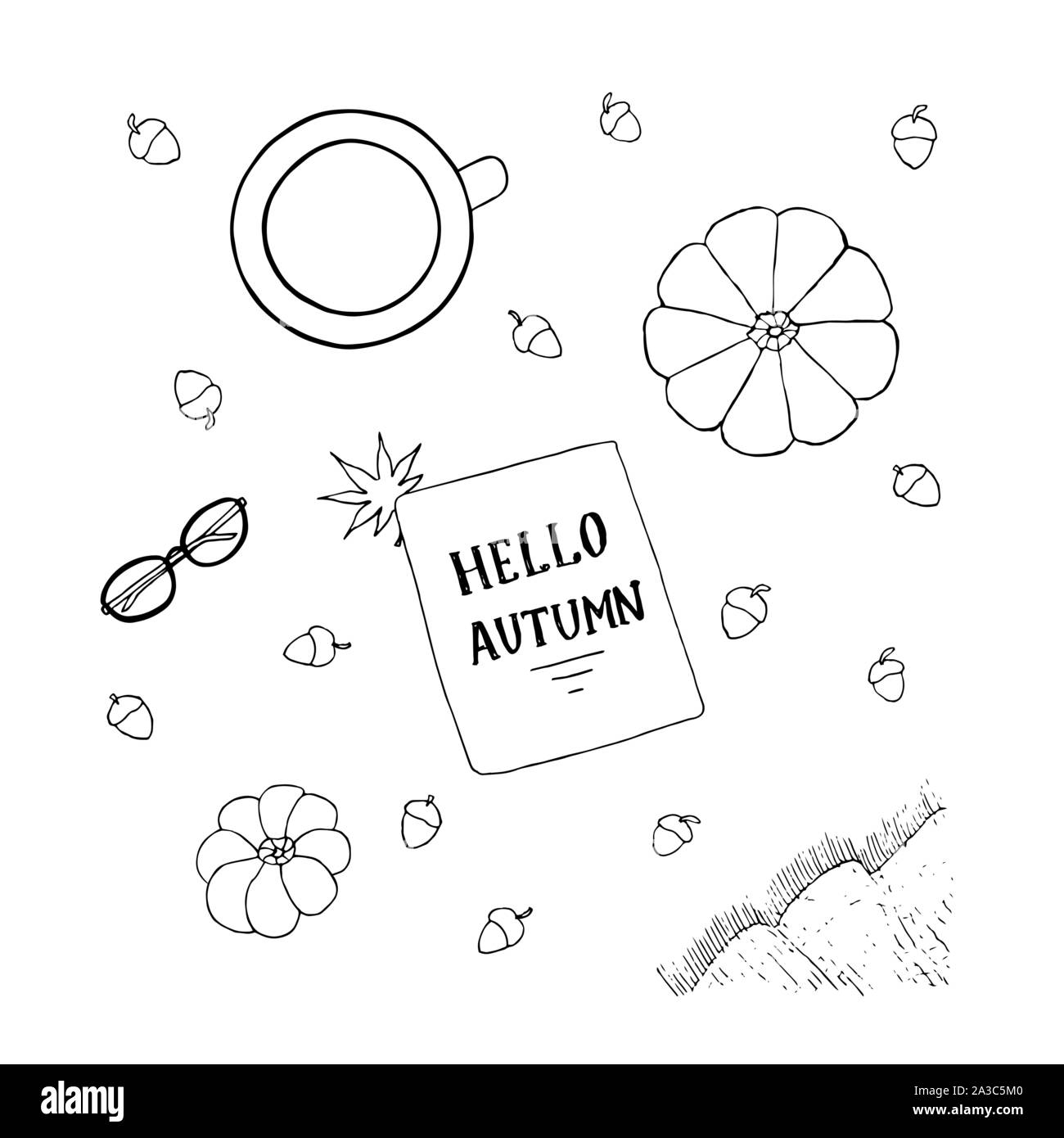 Set di autunno da cup, zucche, ghiande, notebook, bicchieri, pleid. Disegno a mano sketch. Contorno nero su sfondo bianco. Illustrazione vettoriale EPS10 Illustrazione Vettoriale