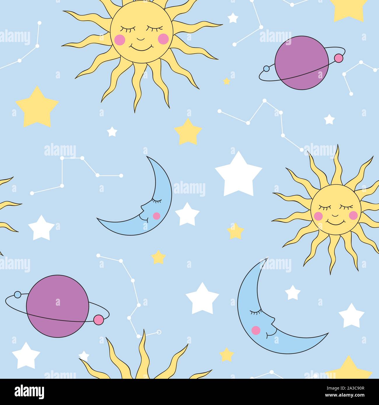 Carino modello galaxy, sun la luna e le stelle nel cielo Illustrazione Vettoriale