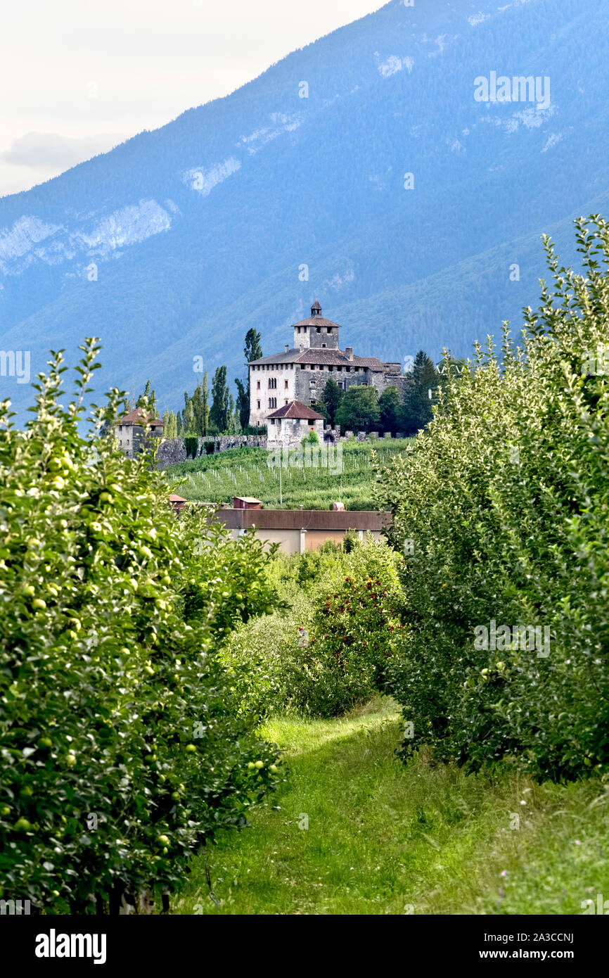 Nanno Castello affaccia sull'meli della Valle di Non. Ville d'Anaunia, provincia di Trento, Trentino Alto Adige, Italia, Europa. Foto Stock
