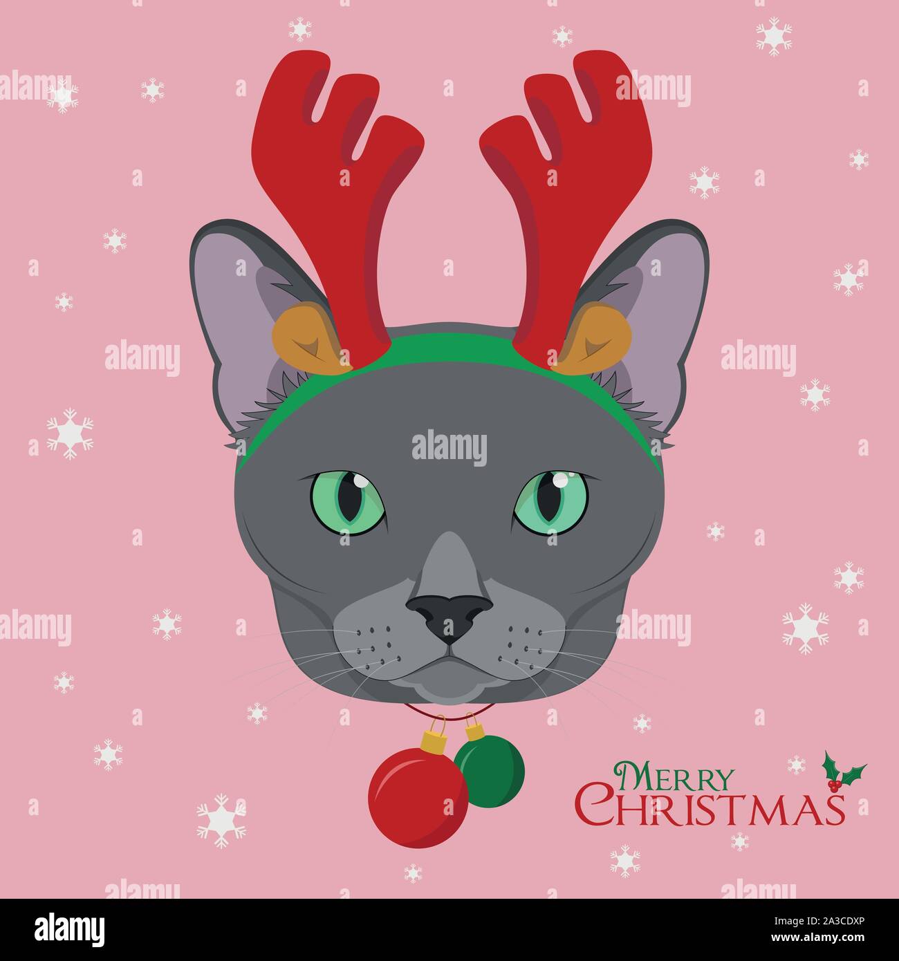 Natale biglietto di auguri. Blu di Russia gatto con corna di renne e campane di Natale Illustrazione Vettoriale