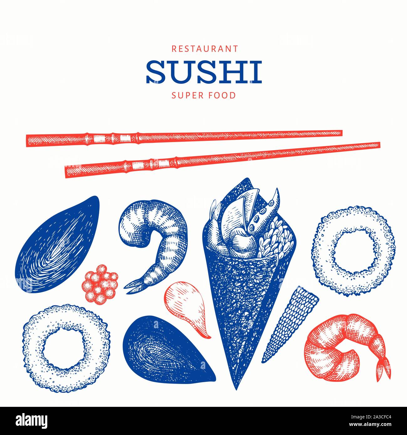 Rotolo di sushi temaki disegnati a mano illustrazione vettoriale. La cucina giapponese elementi in stile vintage. Cibo asiatico bento impostare lo sfondo Illustrazione Vettoriale