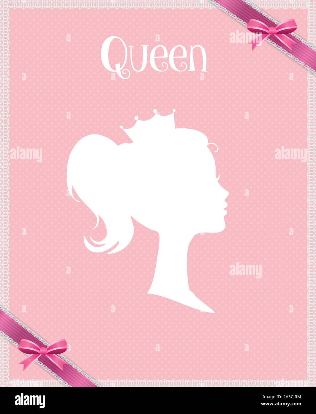 La principessa o Regina Profilo con corona su sfondo rosa con nastro, biglietto di auguri, Vittoriano ritratto della persona reale, Cute girl in Tiara Illustrazione Vettoriale