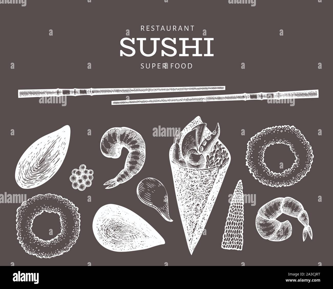 Rotolo di sushi temaki disegnati a mano illustrazione vettoriale su chalk board. La cucina giapponese elementi in stile vintage. Cibo asiatico bento impostare lo sfondo Illustrazione Vettoriale