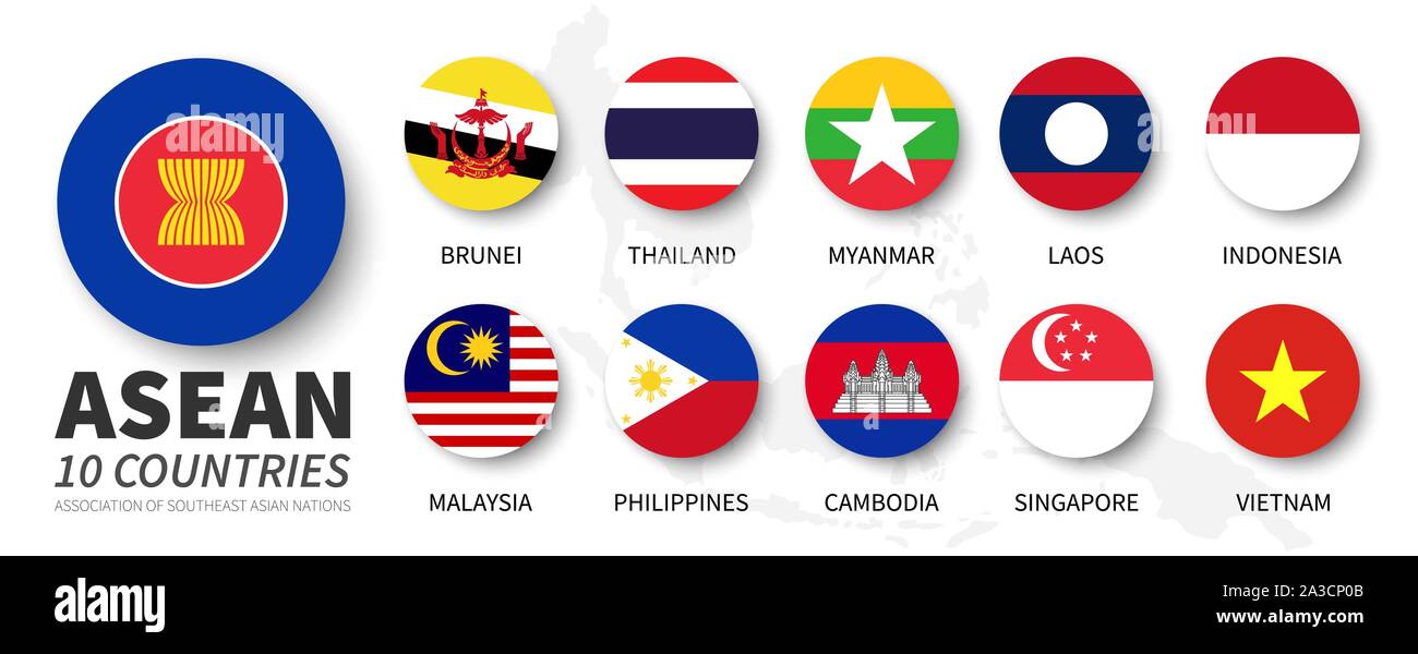 ASEAN . Associazione delle nazioni del sud-est asiatico . e bandiere di appartenenza . Piatto semplice cerchio design . Vector . Illustrazione Vettoriale