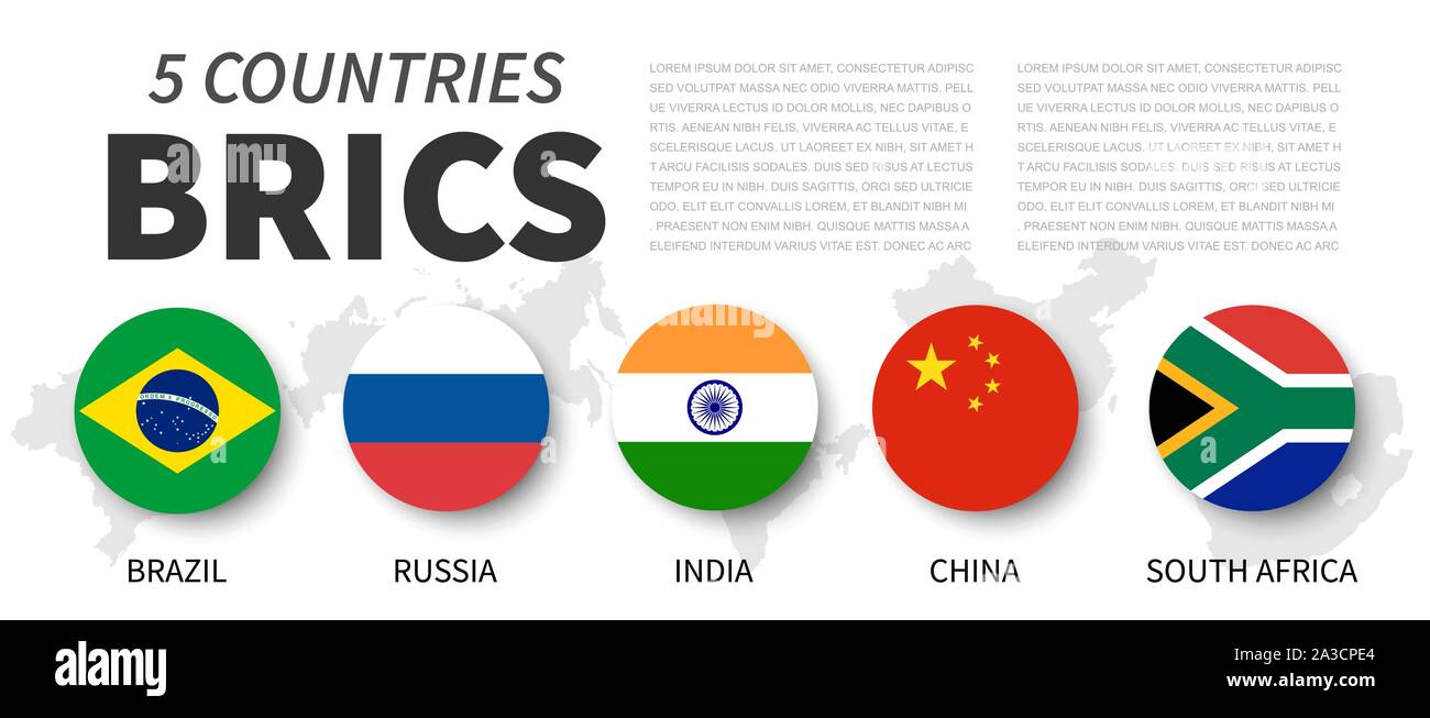 BRICS . Associazione di 5 paesi . Piatto semplice cerchio bandiera design . Bianco sfondo isolato e la mappa del paese . Vector . Illustrazione Vettoriale