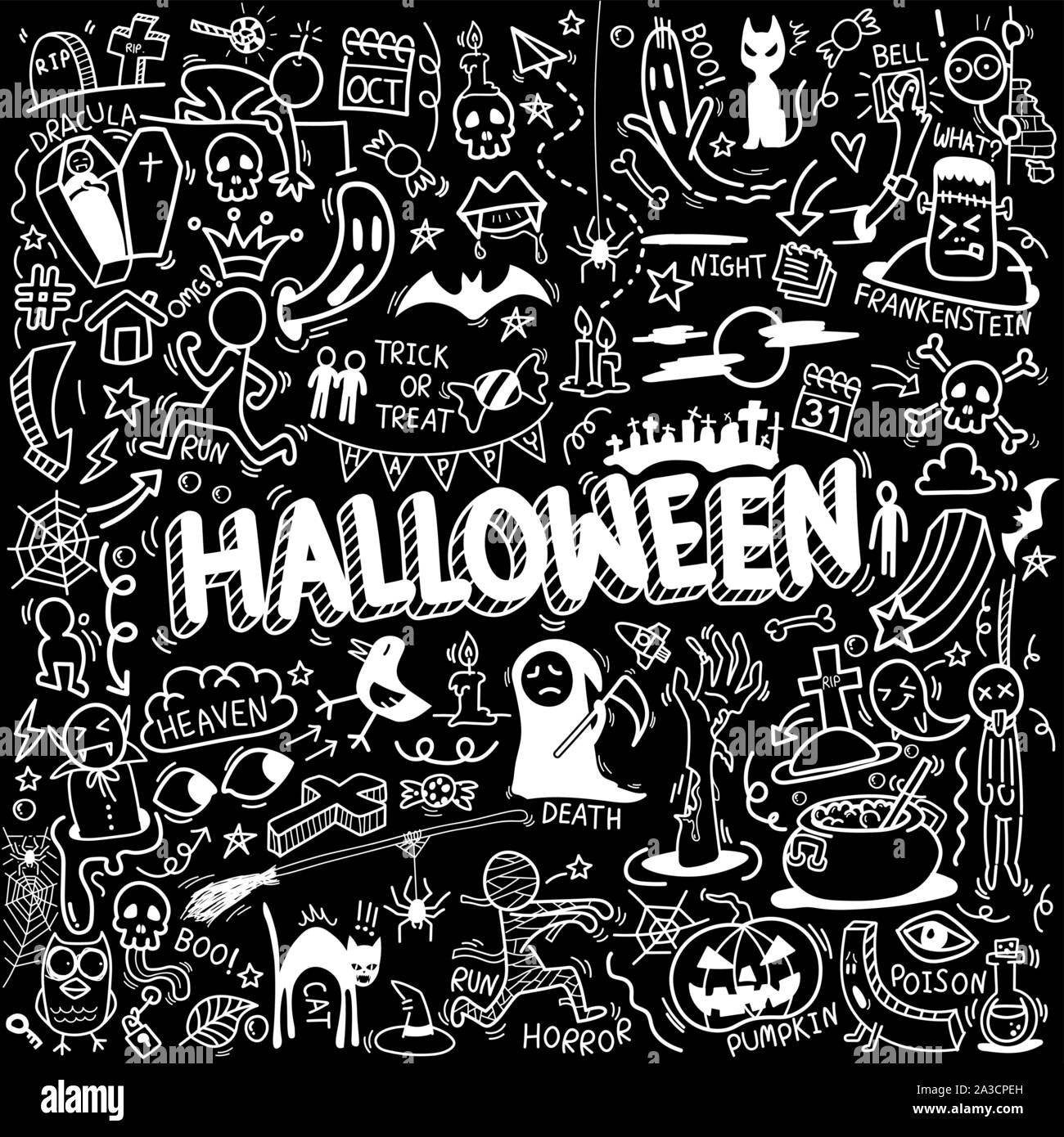 Vettore di disegnati a mano doodle cartoon set di oggetti e simboli sul tema Halloween Illustrazione Vettoriale