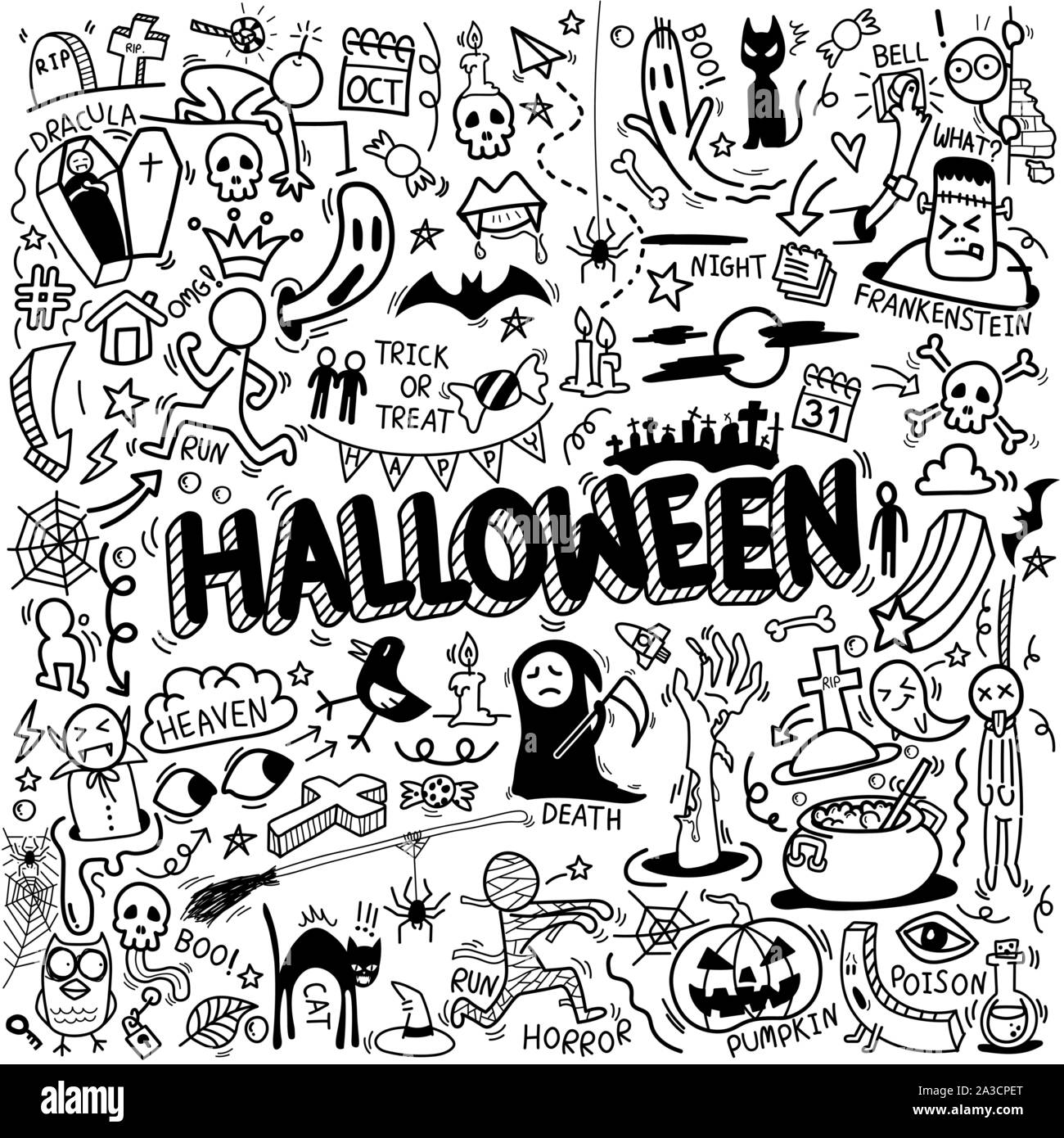 Vettore di disegnati a mano doodle cartoon set di oggetti e simboli sul tema Halloween Illustrazione Vettoriale