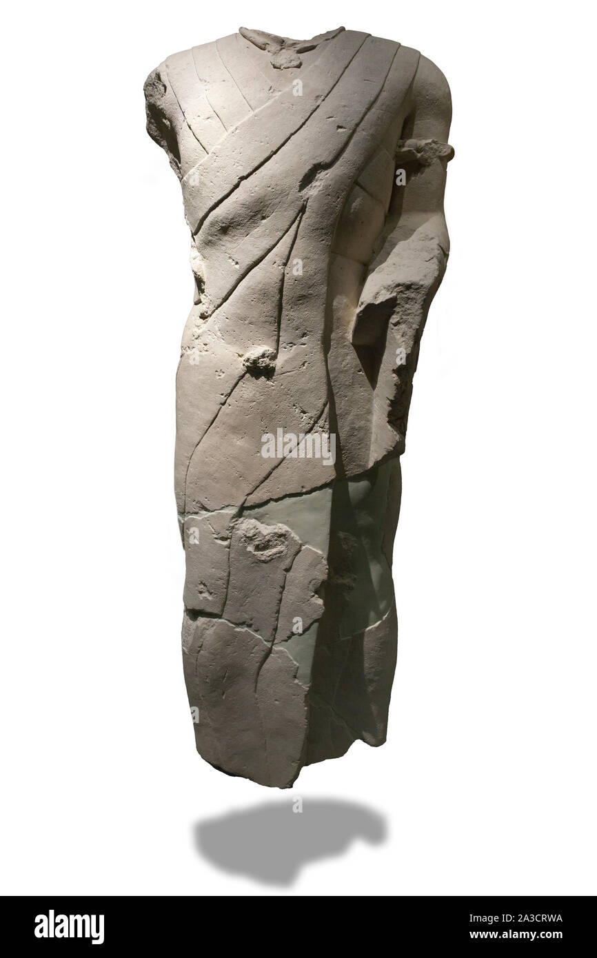 Jaen, Spagna - Dicembre 29th, 2017: maschio con manipule, antenato iberica scultura da sito Cerrillo Blanco, Jaén. La seconda metà del V secolo A.C. Iberi Foto Stock