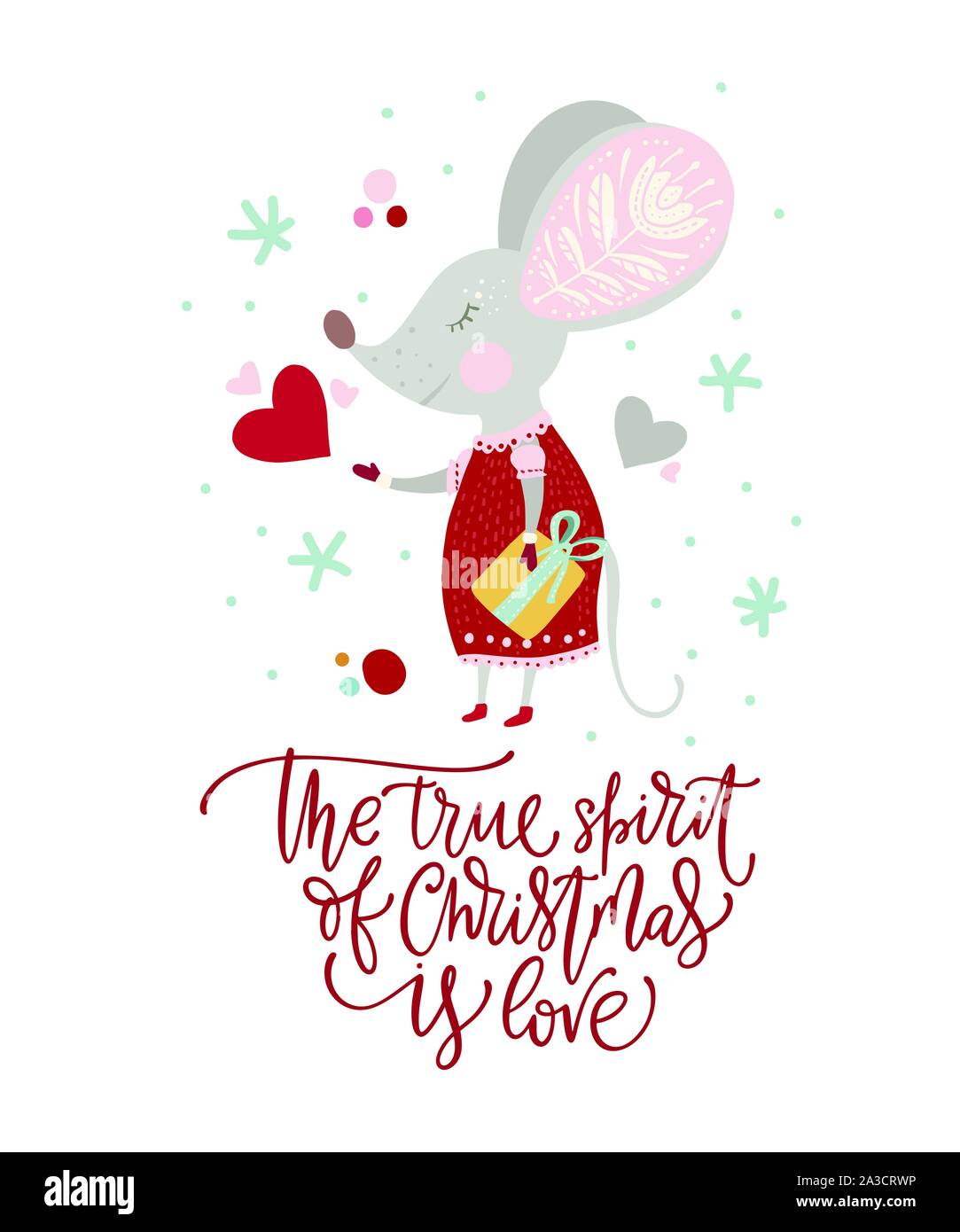 Natale divertente cartoon mouse in uno stile piatto con disegnato a mano scritte preventivo - il vero spirito del Natale è amore. Vettore d'inverno poster con grazioso nuovo anno topi. Illustrazione Vettoriale