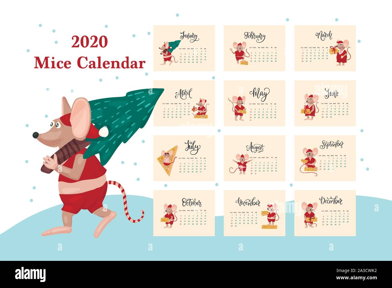 Piatto Di Natale 2020.Anno Nuovo Calendario 2020 Vettore Di Piatto Impostato Su Off Poco Cartoon Mouse Buon Natale E Felice Anno Nuovo Topi Collezione Immagine E Vettoriale Alamy