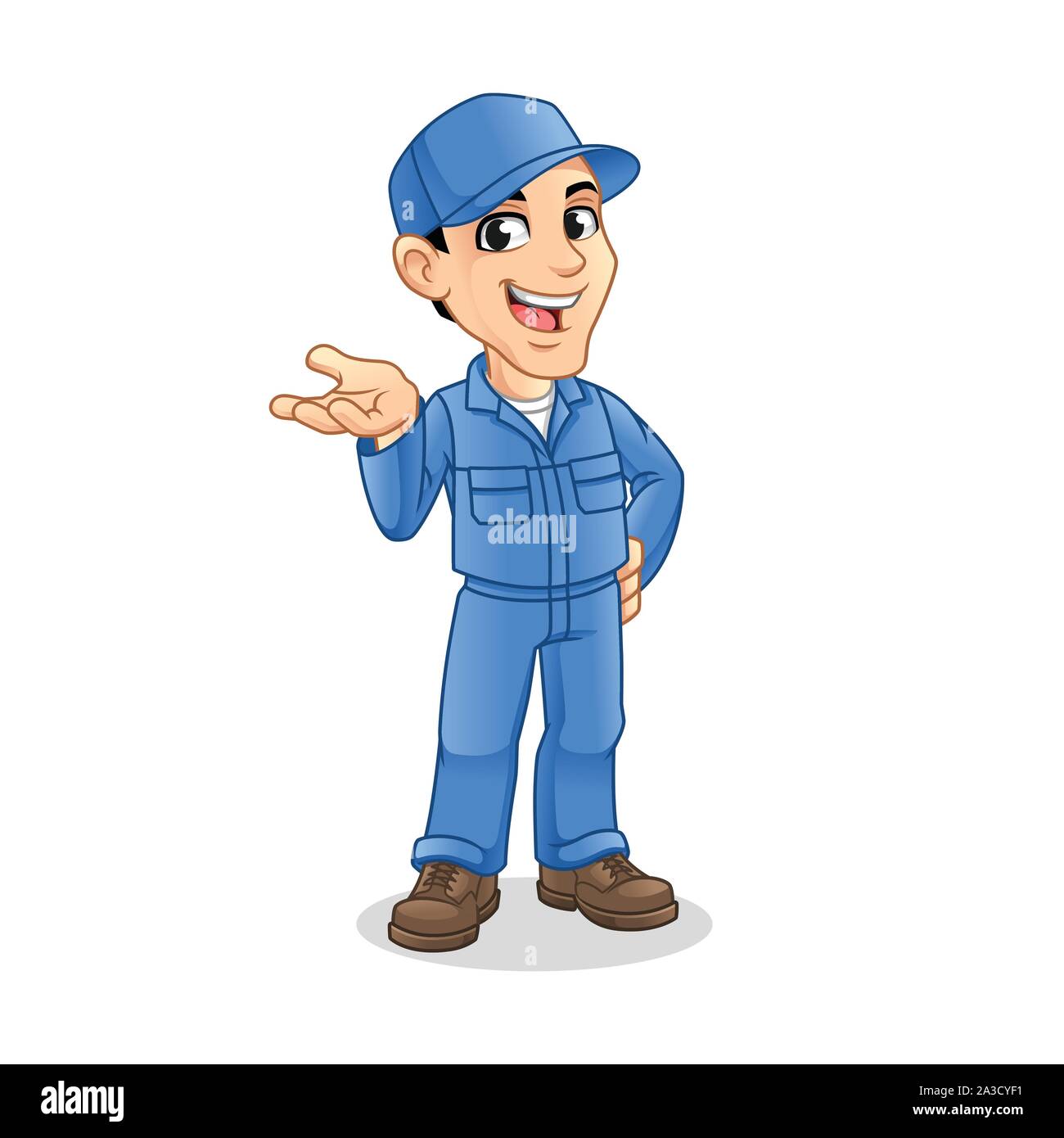 Meccanico con uomo presente qualcosa di mano gesto segno per la manutenzione, la riparazione o la manutenzione di concetto mascotte cartoon character design, illustrazione vettoriale. Illustrazione Vettoriale