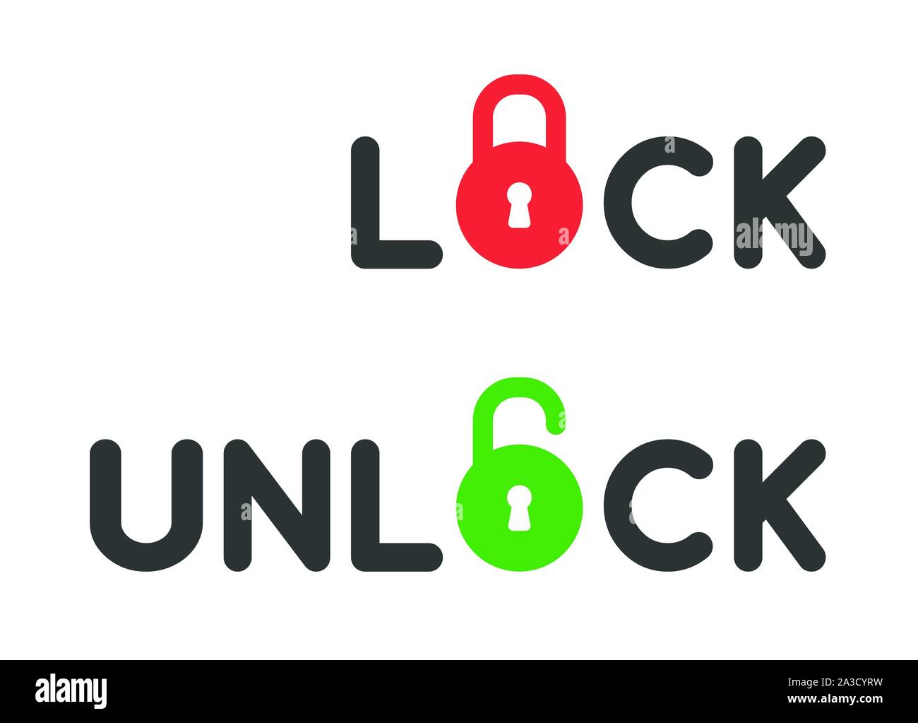 Vector icon set di bloccare e sbloccare i testi con chiuso e aperto i lucchetti. Schermo piatto a colori e stile. Illustrazione Vettoriale