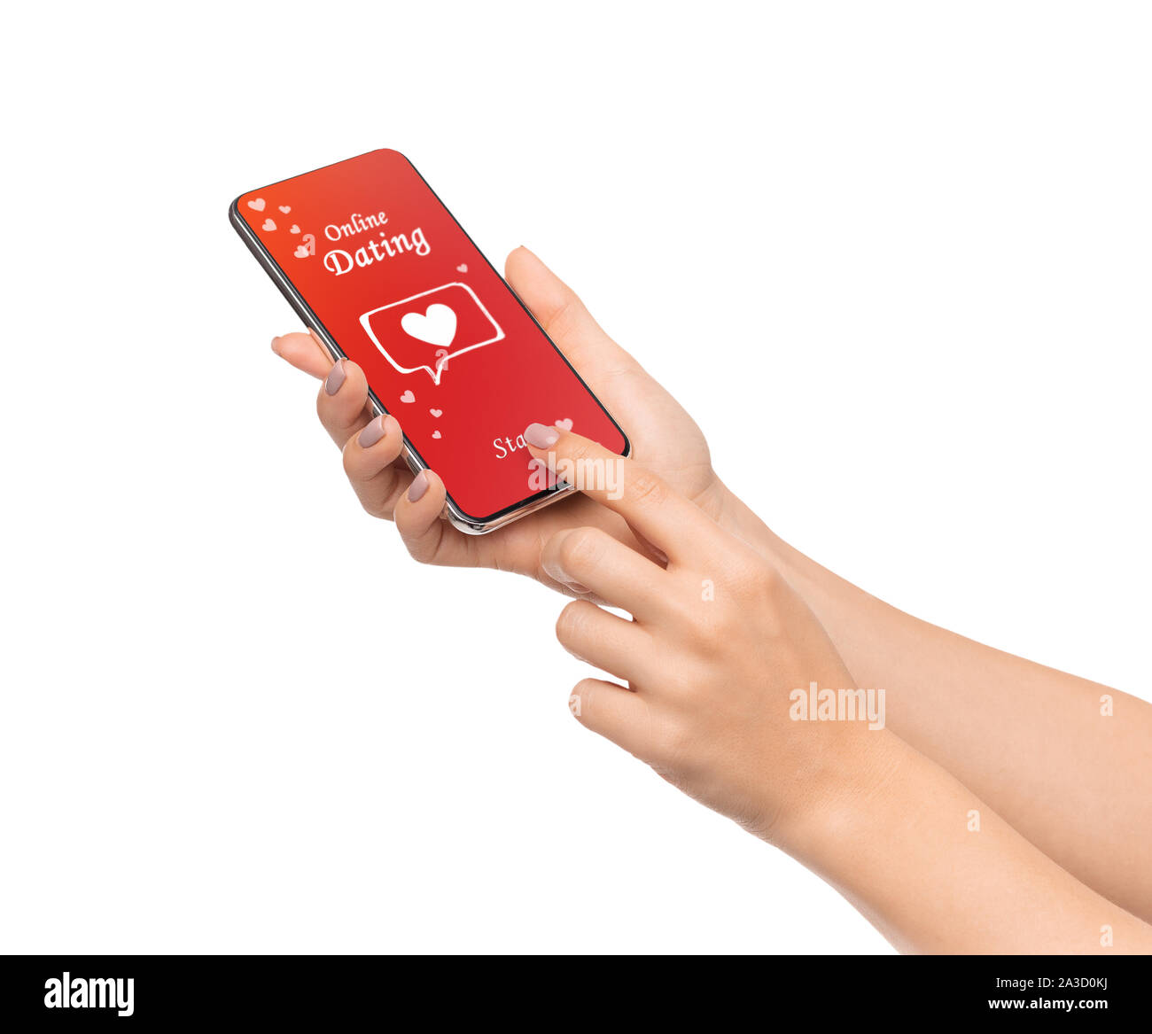 Mani femminili utilizzando data applicazione sullo smartphone, isolato su bianco. Foto Stock
