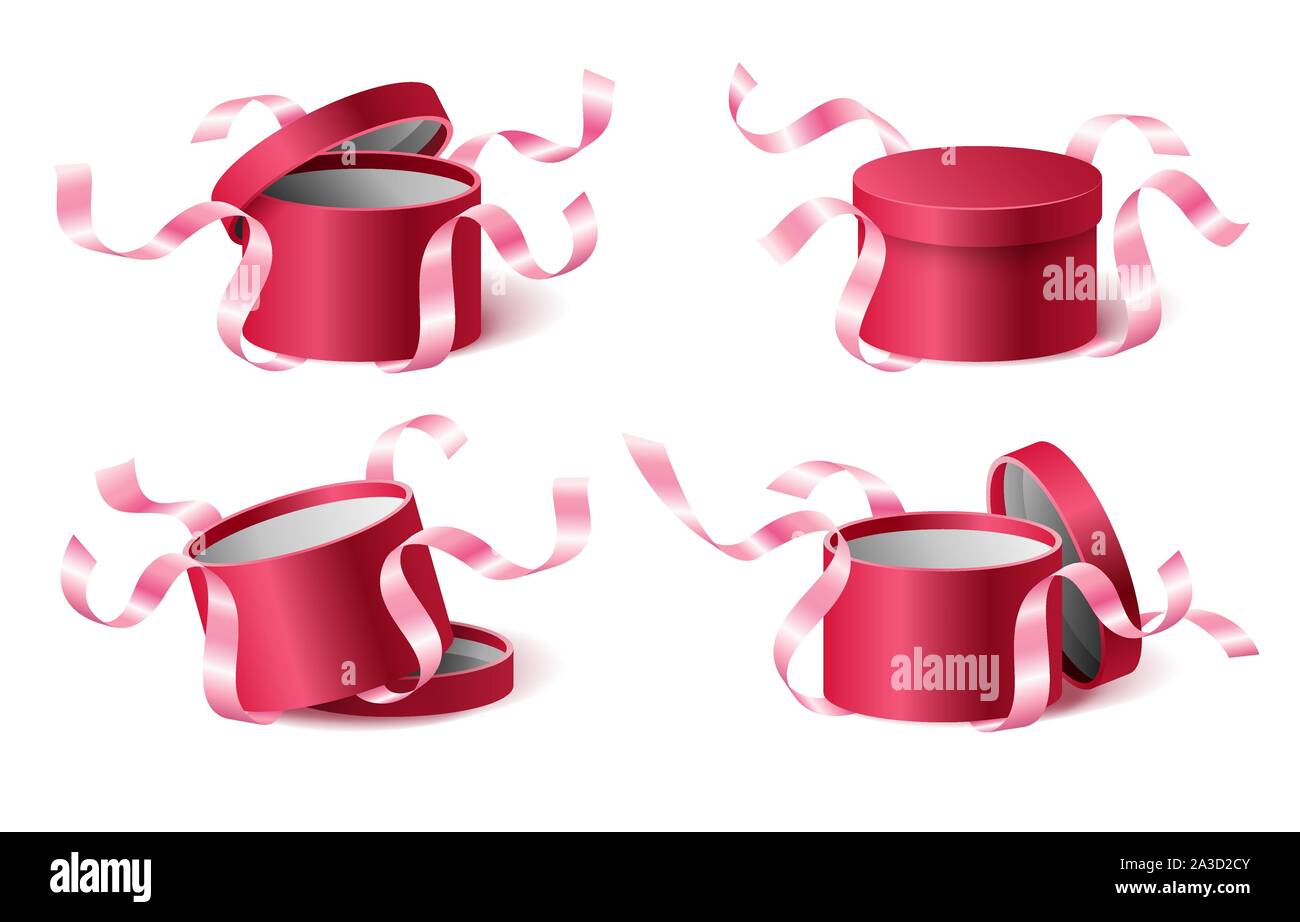 Le icone di set rosa confezione regalo con nastri e chiuso e sportello aperto Illustrazione Vettoriale