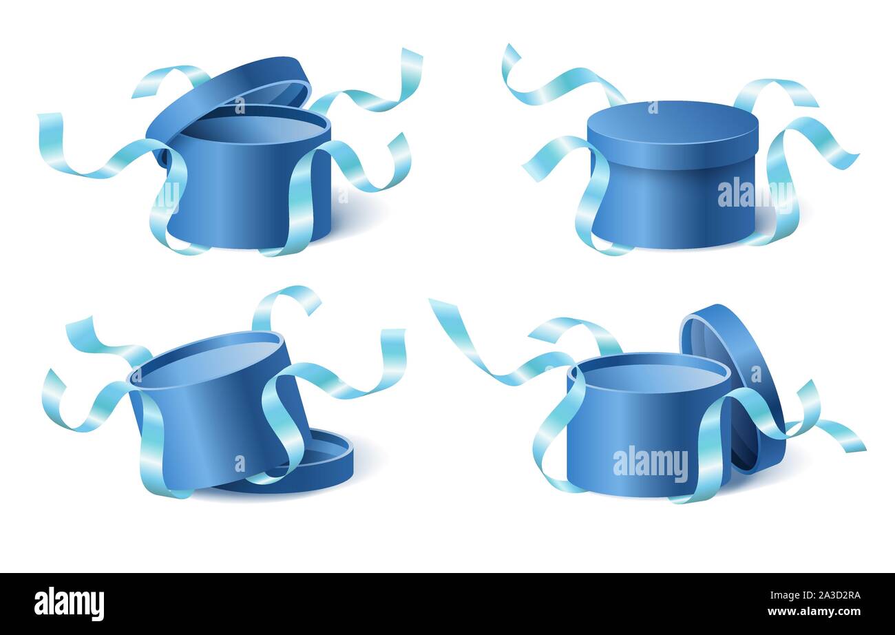 Le icone di set blue box regalo con nastri e chiuso e sportello aperto Illustrazione Vettoriale