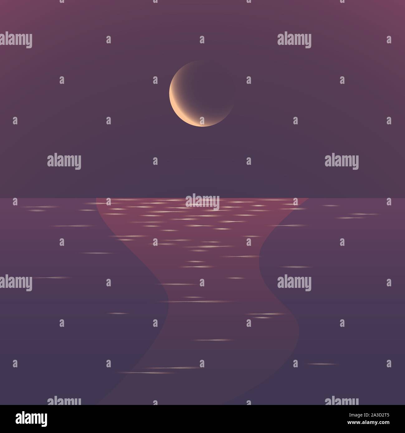 Ore del sorgere di notte seascape. Paesaggio di gradiente con luna Illustrazione Vettoriale